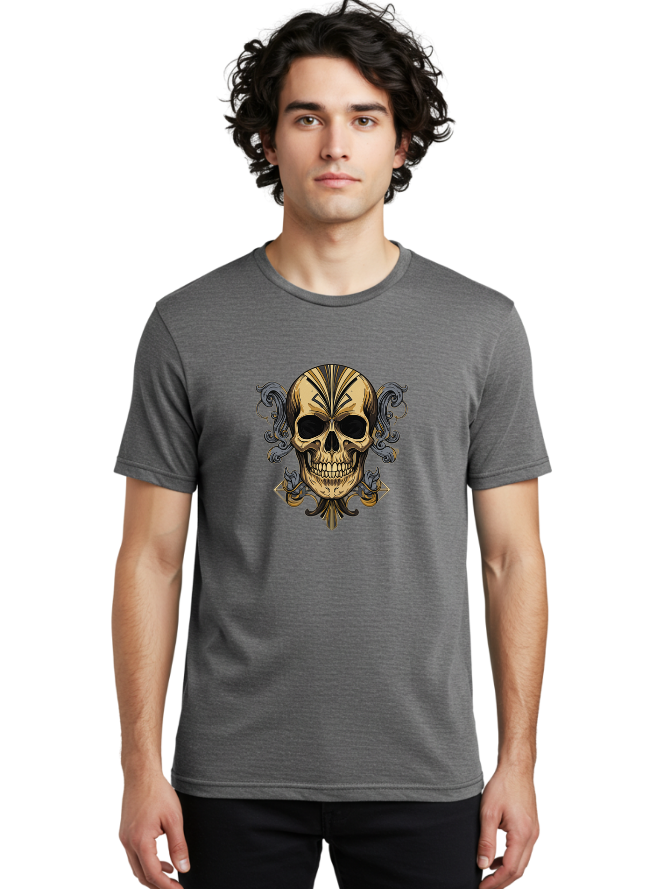 Tattoo-Skull Men'S Graphic Tee, 100% Cotton, Comfortable Casual Summer Wear, Machine Washable, Tribal Skull Art, Gold Skull, Black Tribal Patterns, Ornate Designs, Gothic Elements, Edgy Aesthetic, Skull Illustration, Day Of The Dead, Bad814 27