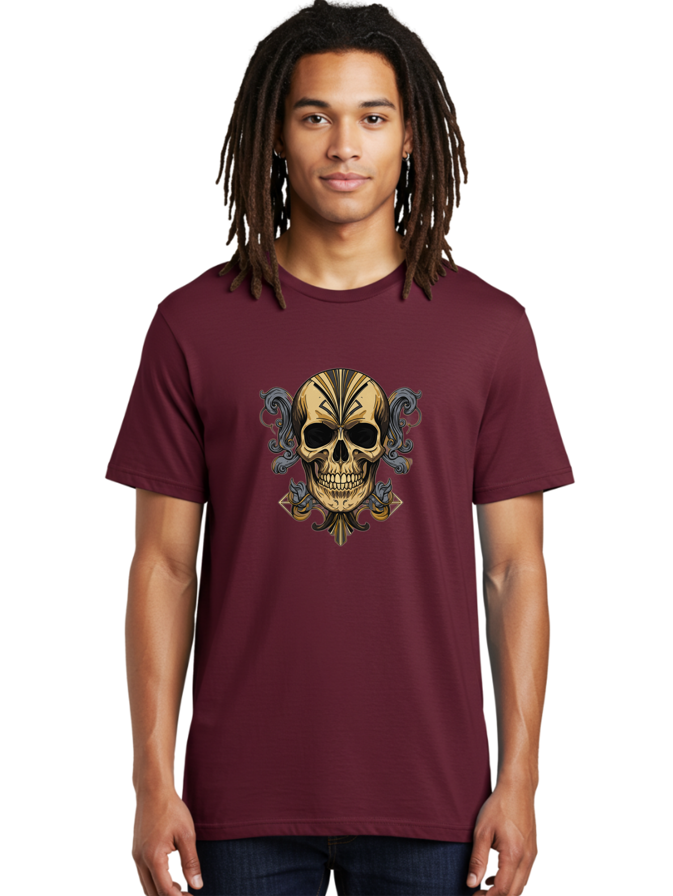 Tattoo-Skull Men'S Graphic Tee, 100% Cotton, Comfortable Casual Summer Wear, Machine Washable, Tribal Skull Art, Gold Skull, Black Tribal Patterns, Ornate Designs, Gothic Elements, Edgy Aesthetic, Skull Illustration, Day Of The Dead, Bad814 25