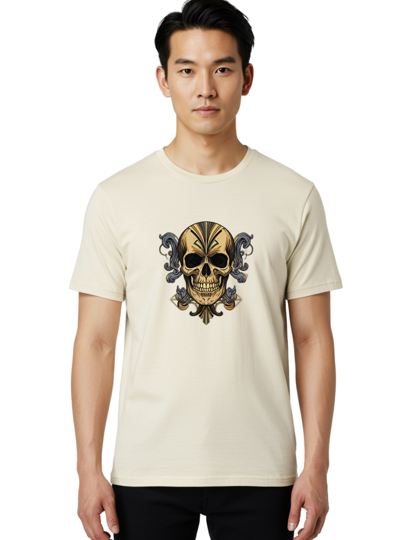 Tattoo-Skull Men'S Graphic Tee, 100% Cotton, Comfortable Casual Summer Wear, Machine Washable, Tribal Skull Art, Gold Skull, Black Tribal Patterns, Ornate Designs, Gothic Elements, Edgy Aesthetic, Skull Illustration, Day Of The Dead, Bad814 17