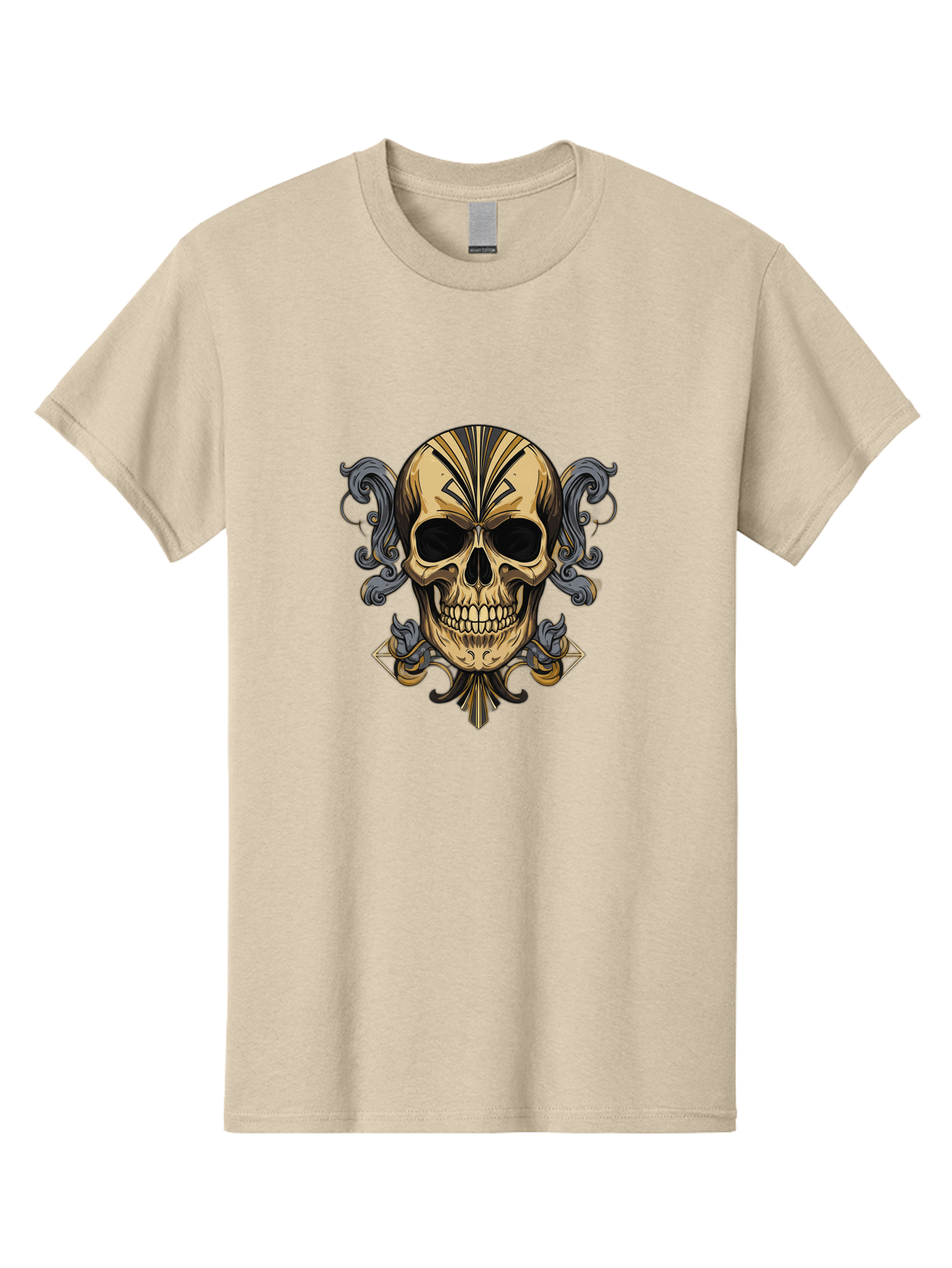 Tattoo-Skull Men'S Graphic Tee, 100% Cotton, Comfortable Casual Summer Wear, Machine Washable, Tribal Skull Art, Gold Skull, Black Tribal Patterns, Ornate Designs, Gothic Elements, Edgy Aesthetic, Skull Illustration, Day Of The Dead, Bad814 3