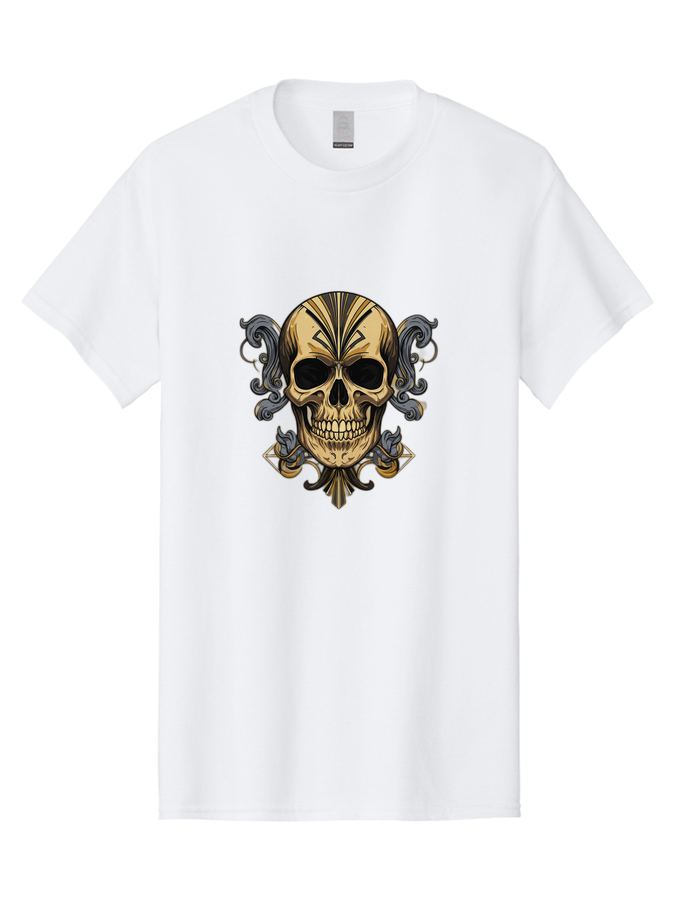 Tattoo-Skull Men'S Graphic Tee, 100% Cotton, Comfortable Casual Summer Wear, Machine Washable, Tribal Skull Art, Gold Skull, Black Tribal Patterns, Ornate Designs, Gothic Elements, Edgy Aesthetic, Skull Illustration, Day Of The Dead, Bad814 14