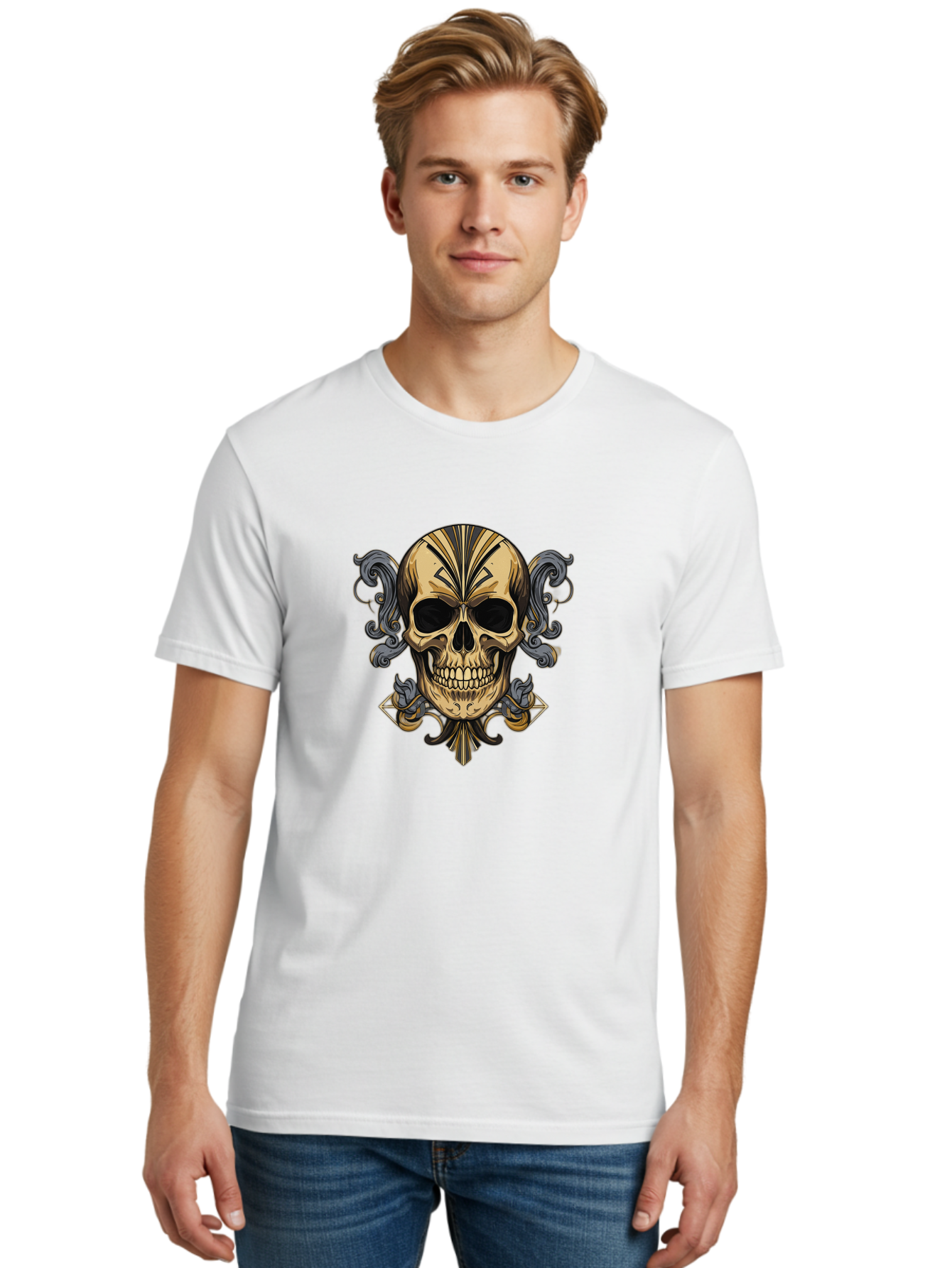 Tattoo-Skull Men'S Graphic Tee, 100% Cotton, Comfortable Casual Summer Wear, Machine Washable, Tribal Skull Art, Gold Skull, Black Tribal Patterns, Ornate Designs, Gothic Elements, Edgy Aesthetic, Skull Illustration, Day Of The Dead, Bad814 29