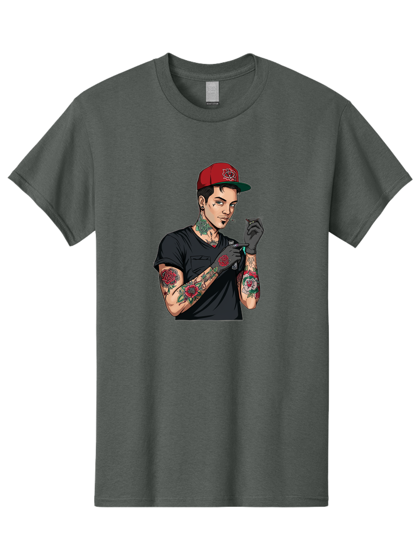 Tattooed-Man-1 Men'S Graphic Tee, 100% Cotton, Comfortable Casual Summer Wear, Machine Washable, Tattooed Man, Rose Tattoos, Red Baseball Cap, Black Gloves, Smoking Cigarette, Cartoon Style, Edgy Fashion, Bold Graphics, Streetwear, Modern Art Bad829 14