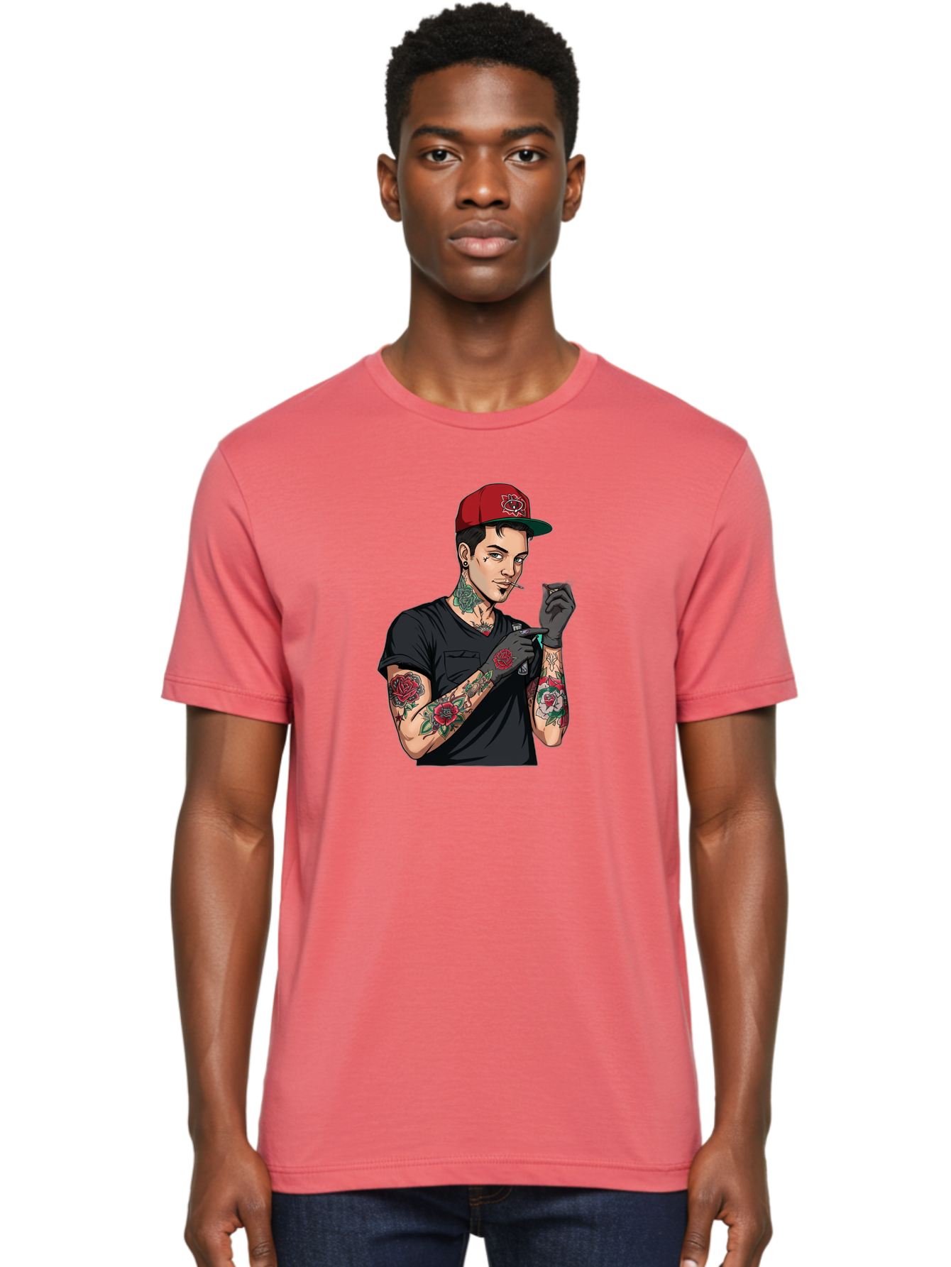 Tattooed-Man-1 Men'S Graphic Tee, 100% Cotton, Comfortable Casual Summer Wear, Machine Washable, Tattooed Man, Rose Tattoos, Red Baseball Cap, Black Gloves, Smoking Cigarette, Cartoon Style, Edgy Fashion, Bold Graphics, Streetwear, Modern Art Bad829 28