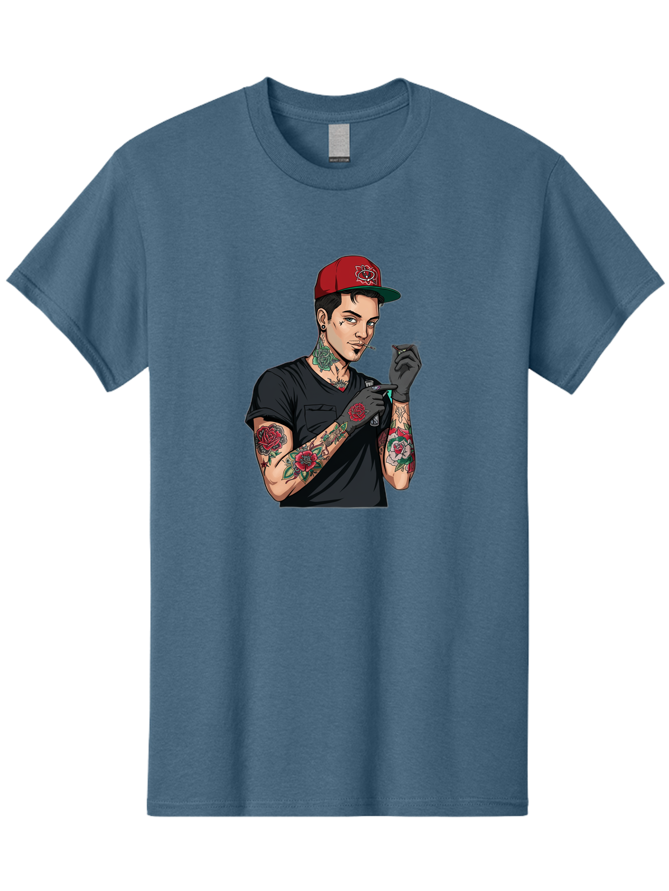 Tattooed-Man-1 Men'S Graphic Tee, 100% Cotton, Comfortable Casual Summer Wear, Machine Washable, Tattooed Man, Rose Tattoos, Red Baseball Cap, Black Gloves, Smoking Cigarette, Cartoon Style, Edgy Fashion, Bold Graphics, Streetwear, Modern Art Bad829 9
