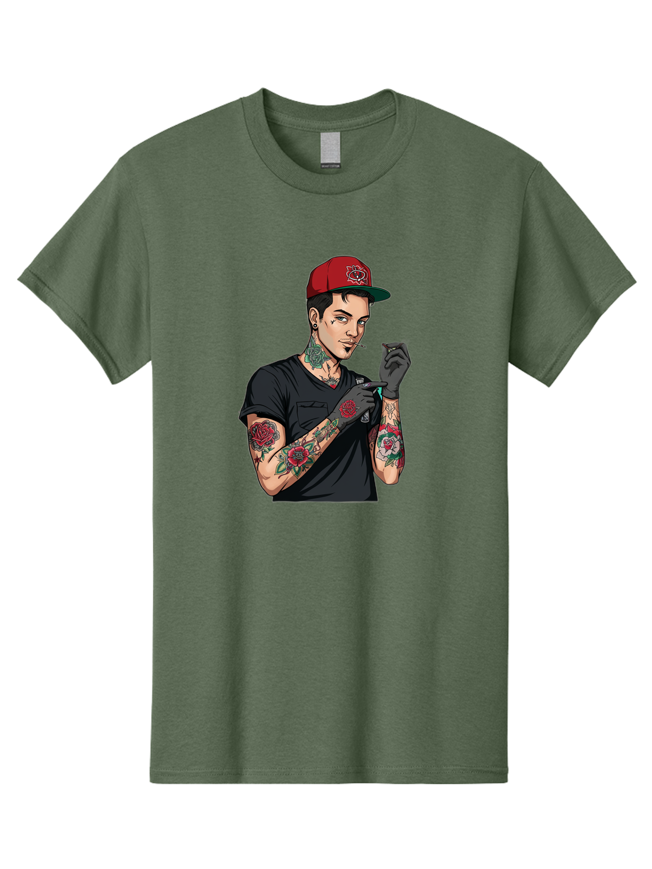 Tattooed-Man-1 Men'S Graphic Tee, 100% Cotton, Comfortable Casual Summer Wear, Machine Washable, Tattooed Man, Rose Tattoos, Red Baseball Cap, Black Gloves, Smoking Cigarette, Cartoon Style, Edgy Fashion, Bold Graphics, Streetwear, Modern Art Bad829 7