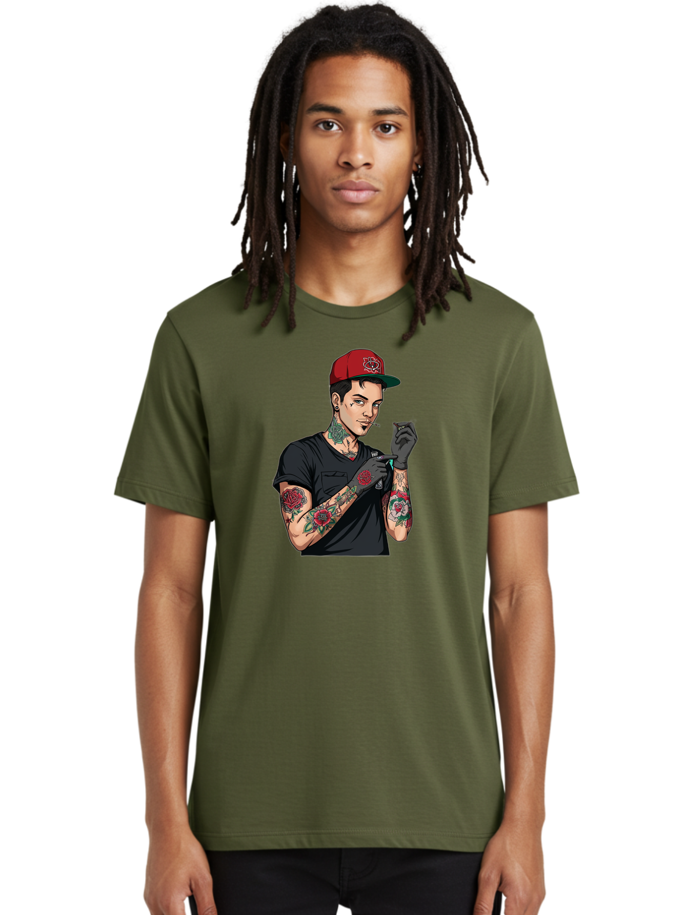 Tattooed-Man-1 Men'S Graphic Tee, 100% Cotton, Comfortable Casual Summer Wear, Machine Washable, Tattooed Man, Rose Tattoos, Red Baseball Cap, Black Gloves, Smoking Cigarette, Cartoon Style, Edgy Fashion, Bold Graphics, Streetwear, Modern Art Bad829 22