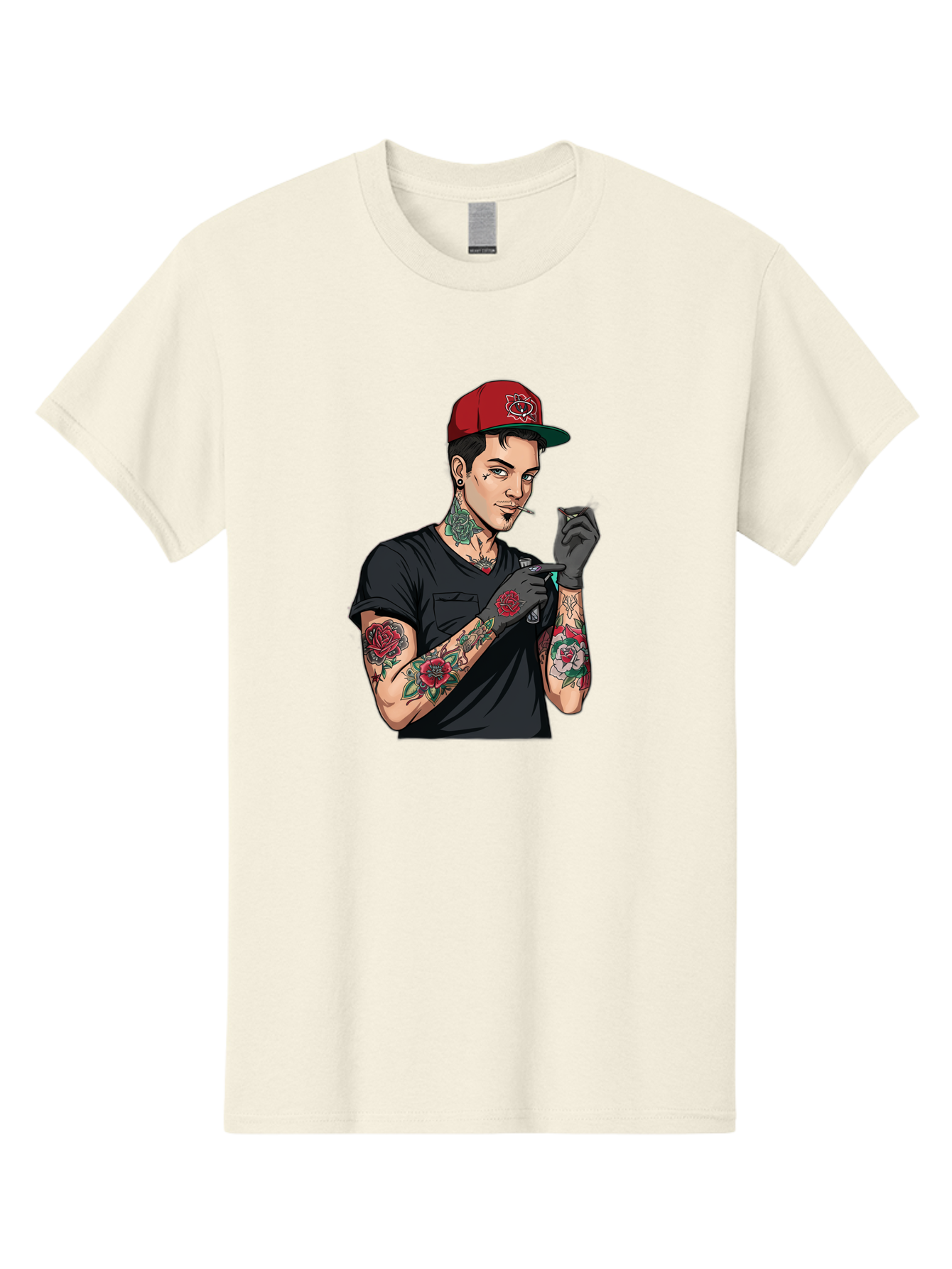 Tattooed-Man-1 Men'S Graphic Tee, 100% Cotton, Comfortable Casual Summer Wear, Machine Washable, Tattooed Man, Rose Tattoos, Red Baseball Cap, Black Gloves, Smoking Cigarette, Cartoon Style, Edgy Fashion, Bold Graphics, Streetwear, Modern Art Bad829 6