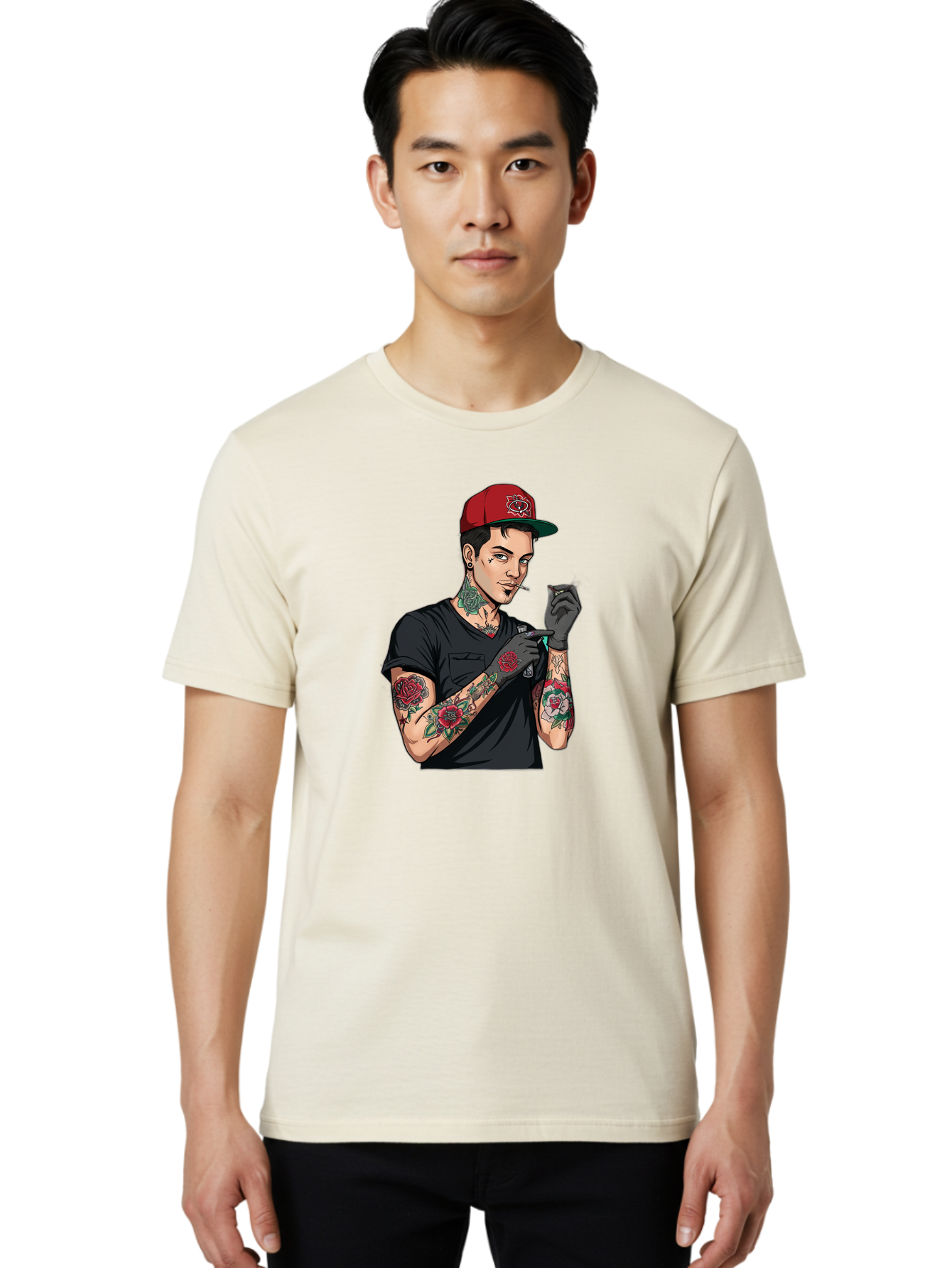 Tattooed-Man-1 Men'S Graphic Tee, 100% Cotton, Comfortable Casual Summer Wear, Machine Washable, Tattooed Man, Rose Tattoos, Red Baseball Cap, Black Gloves, Smoking Cigarette, Cartoon Style, Edgy Fashion, Bold Graphics, Streetwear, Modern Art Bad829 21