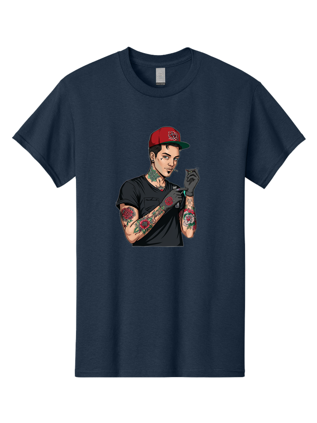 Tattooed-Man-1 Men'S Graphic Tee, 100% Cotton, Comfortable Casual Summer Wear, Machine Washable, Tattooed Man, Rose Tattoos, Red Baseball Cap, Black Gloves, Smoking Cigarette, Cartoon Style, Edgy Fashion, Bold Graphics, Streetwear, Modern Art Bad829 3