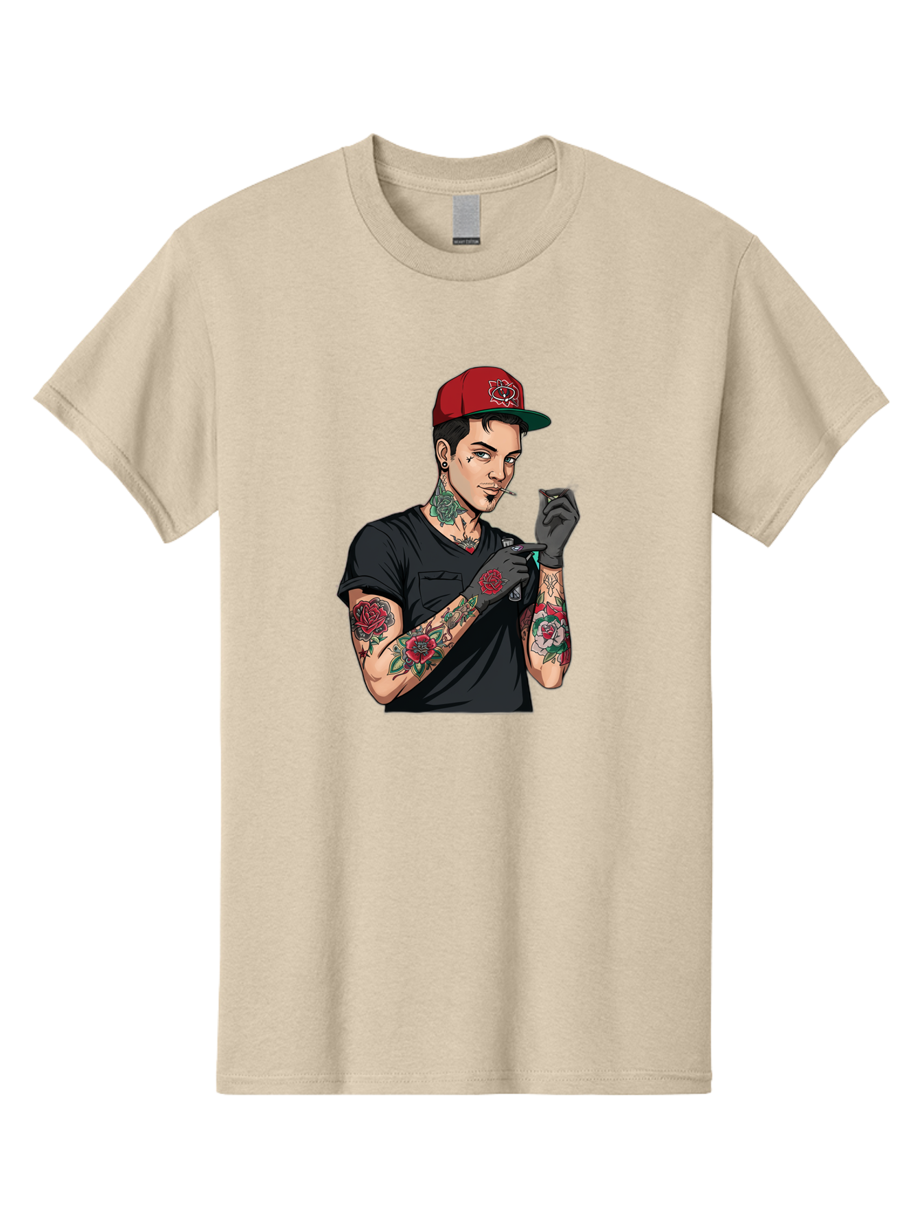 Tattooed-Man-1 Men'S Graphic Tee, 100% Cotton, Comfortable Casual Summer Wear, Machine Washable, Tattooed Man, Rose Tattoos, Red Baseball Cap, Black Gloves, Smoking Cigarette, Cartoon Style, Edgy Fashion, Bold Graphics, Streetwear, Modern Art Bad829 10
