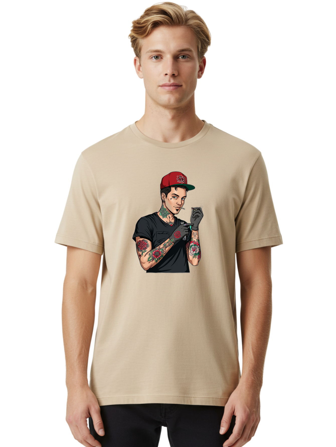 Tattooed-Man-1 Men'S Graphic Tee, 100% Cotton, Comfortable Casual Summer Wear, Machine Washable, Tattooed Man, Rose Tattoos, Red Baseball Cap, Black Gloves, Smoking Cigarette, Cartoon Style, Edgy Fashion, Bold Graphics, Streetwear, Modern Art Bad829 25