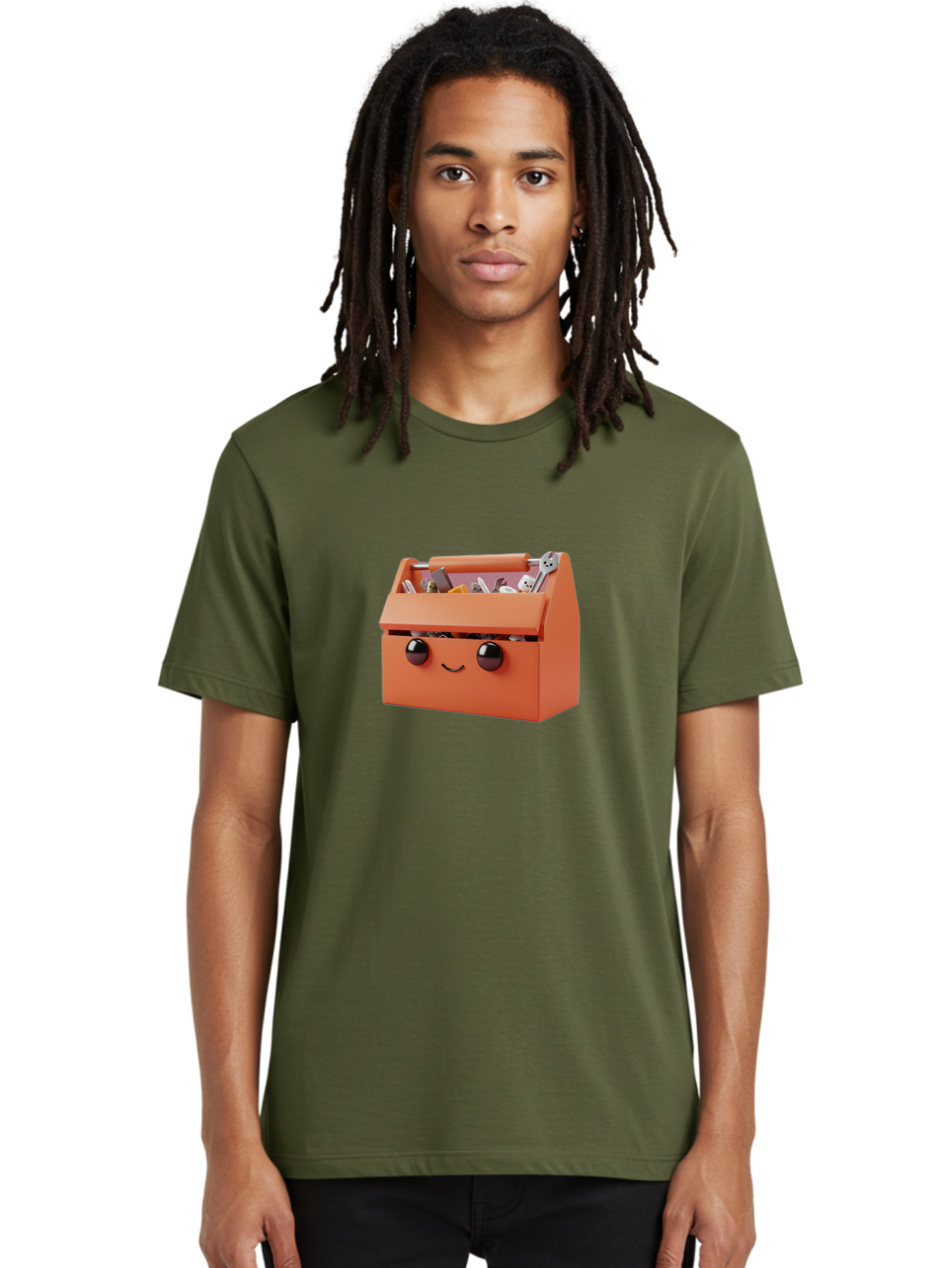 Toolbox-1 Men'S Graphic Tee, 100% Cotton, Comfortable Casual Summer Wear, Machine Washable, Orange Toolbox, Cartoonish Face, Smiling Eyes, Black Pupils, 3D Rendering, Creative Design, Funny, Quirky, Toolbox, Metal Wrenches, Various Tools Bad847 28