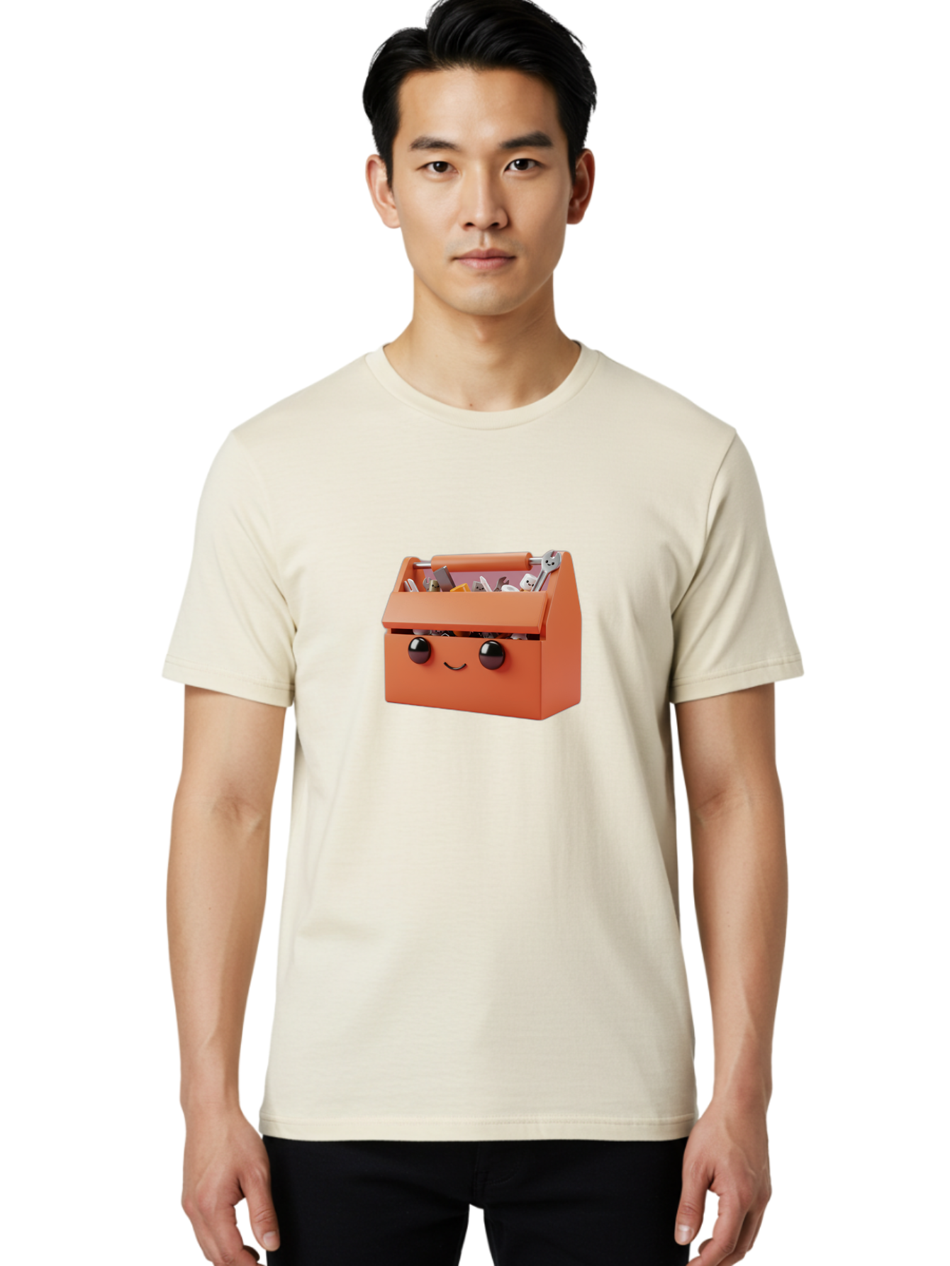 Toolbox-1 Men'S Graphic Tee, 100% Cotton, Comfortable Casual Summer Wear, Machine Washable, Orange Toolbox, Cartoonish Face, Smiling Eyes, Black Pupils, 3D Rendering, Creative Design, Funny, Quirky, Toolbox, Metal Wrenches, Various Tools Bad847 19