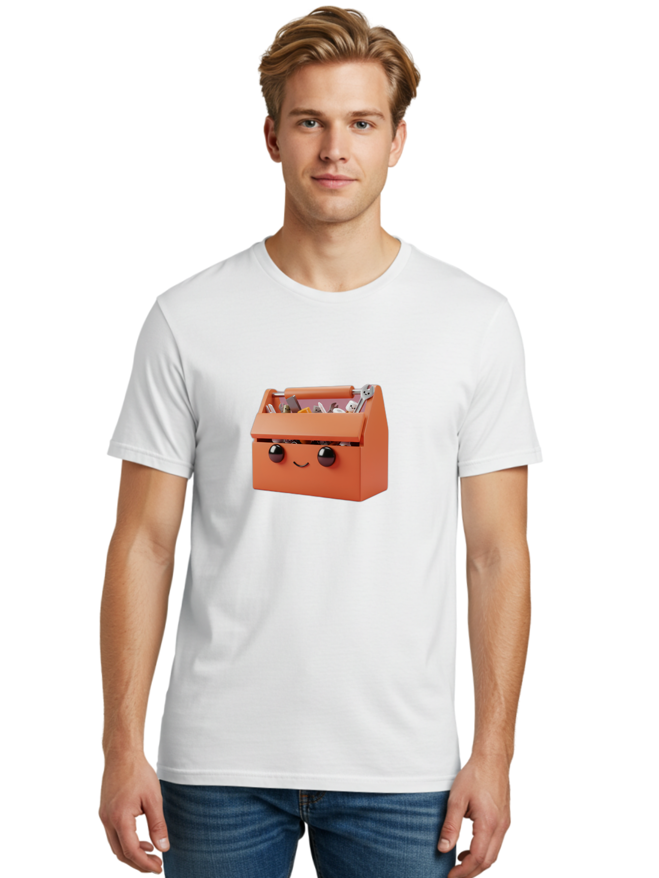 Toolbox-1 Men'S Graphic Tee, 100% Cotton, Comfortable Casual Summer Wear, Machine Washable, Orange Toolbox, Cartoonish Face, Smiling Eyes, Black Pupils, 3D Rendering, Creative Design, Funny, Quirky, Toolbox, Metal Wrenches, Various Tools Bad847 22