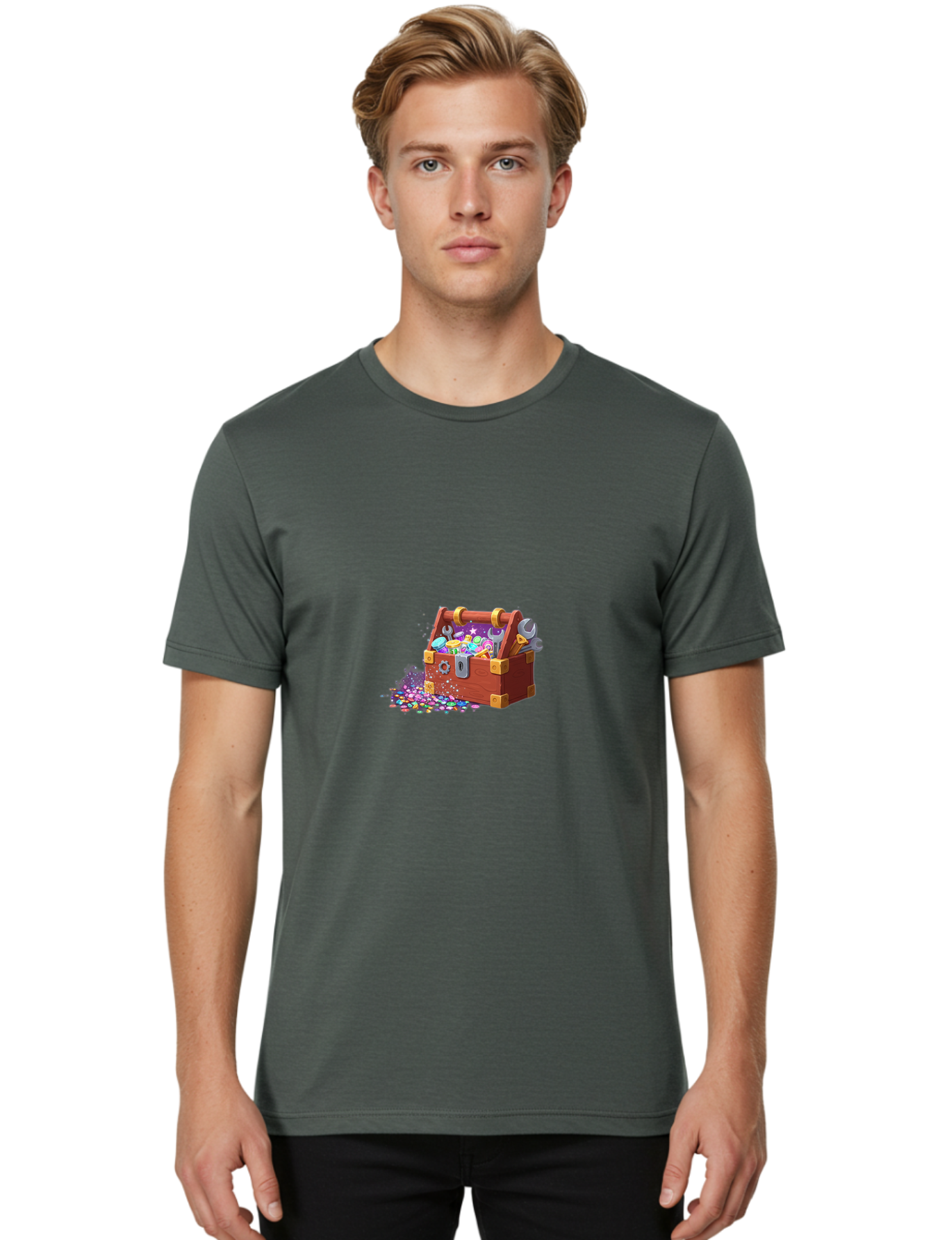 Treasure-Box Men'S Graphic Tee, 100% Cotton, Comfortable Casual Summer Wear, Machine Washable, Wood Treasure Chest, Colorful Jewels, Gemstones, Treasure, Loot, Gaming Treasure, Gaming Rewards, Loot Box, Puzzle Pieces, Shiny Objects, Bad858 30