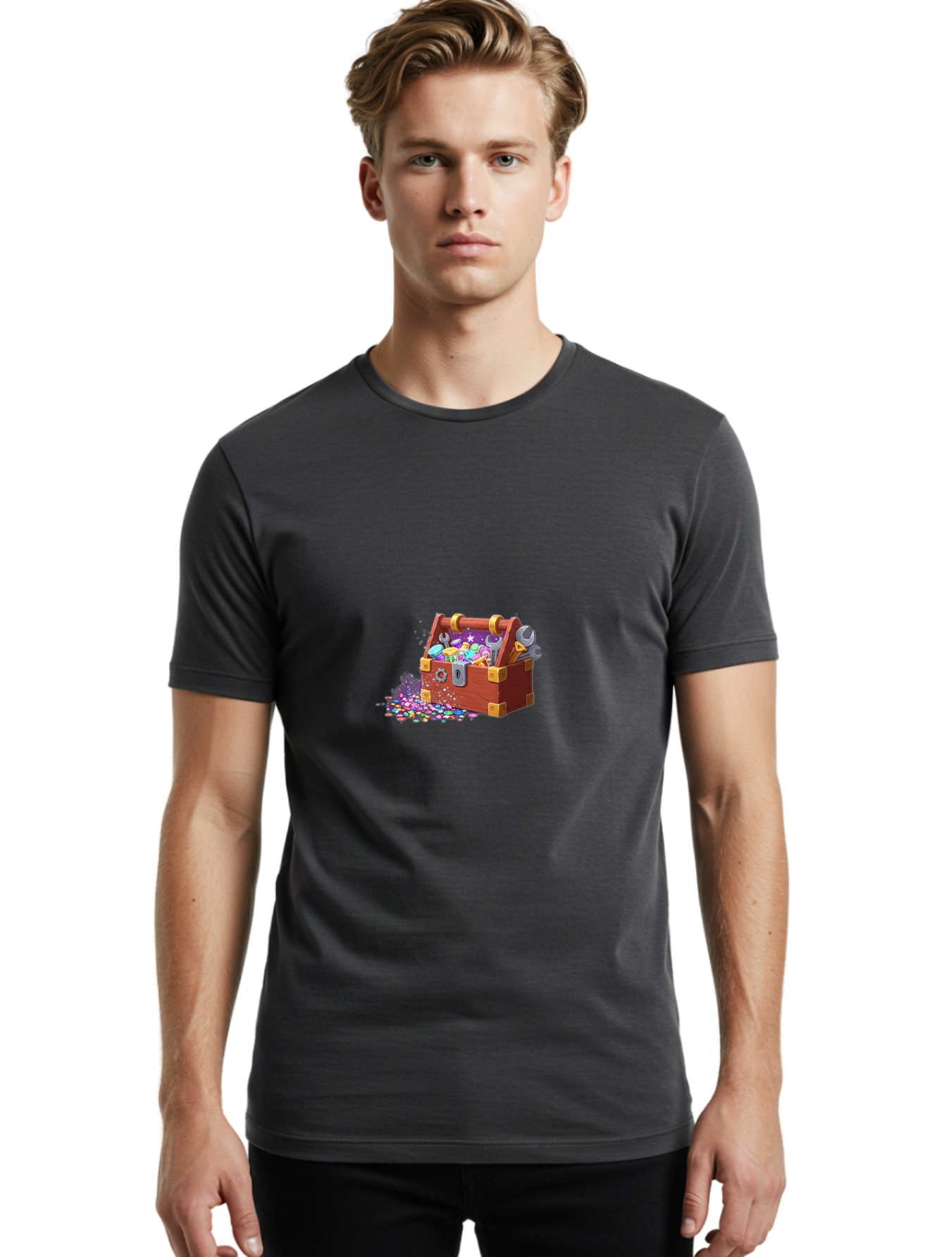 Treasure-Box Men'S Graphic Tee, 100% Cotton, Comfortable Casual Summer Wear, Machine Washable, Wood Treasure Chest, Colorful Jewels, Gemstones, Treasure, Loot, Gaming Treasure, Gaming Rewards, Loot Box, Puzzle Pieces, Shiny Objects, Bad858 24