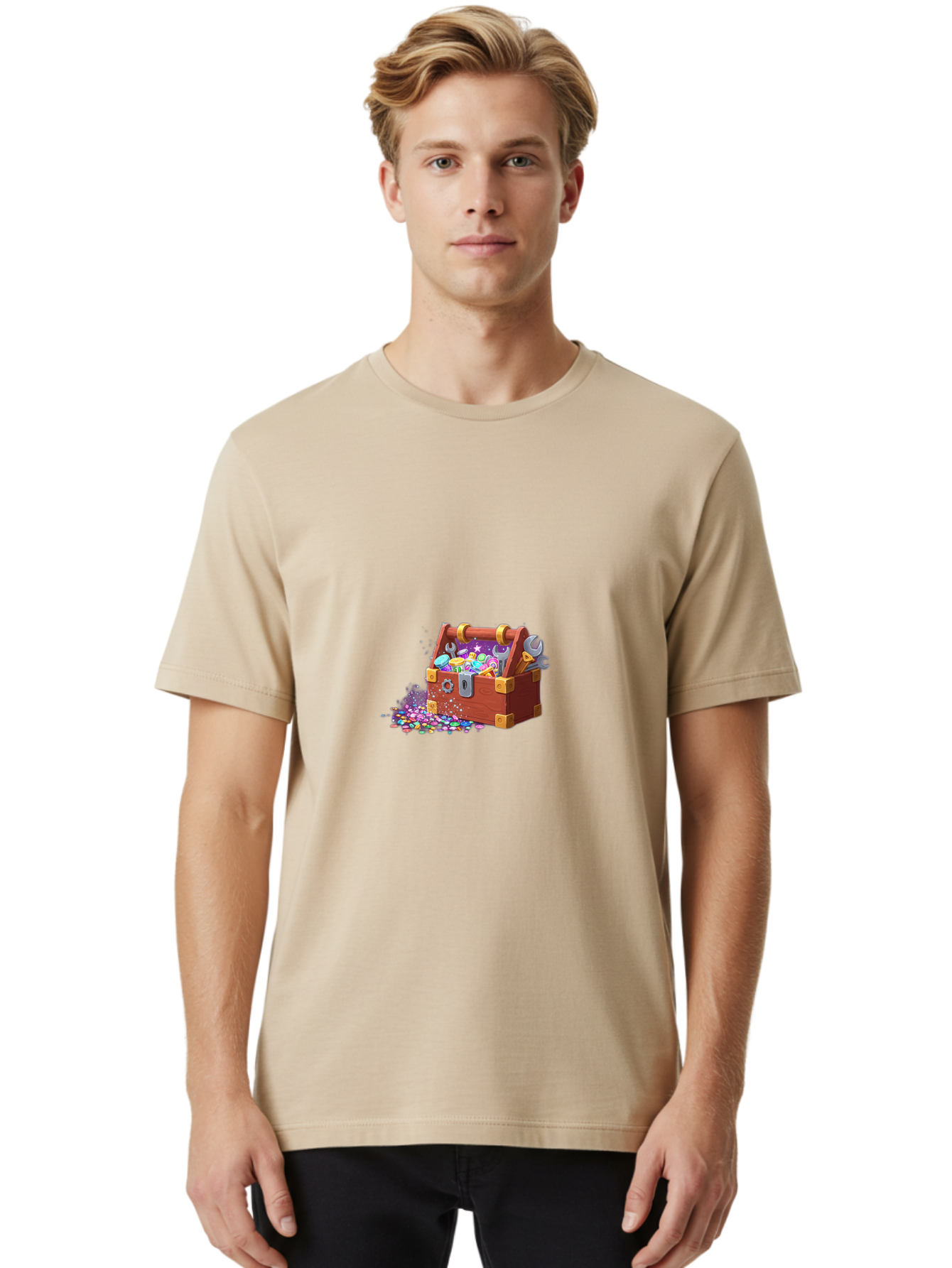 Treasure-Box Men'S Graphic Tee, 100% Cotton, Comfortable Casual Summer Wear, Machine Washable, Wood Treasure Chest, Colorful Jewels, Gemstones, Treasure, Loot, Gaming Treasure, Gaming Rewards, Loot Box, Puzzle Pieces, Shiny Objects, Bad858 21