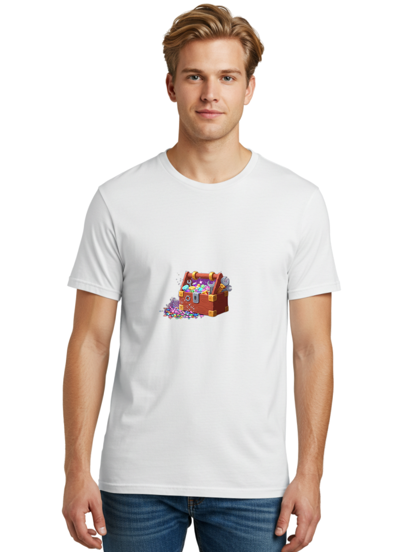 Treasure-Box Men'S Graphic Tee, 100% Cotton, Comfortable Casual Summer Wear, Machine Washable, Wood Treasure Chest, Colorful Jewels, Gemstones, Treasure, Loot, Gaming Treasure, Gaming Rewards, Loot Box, Puzzle Pieces, Shiny Objects, Bad858 25