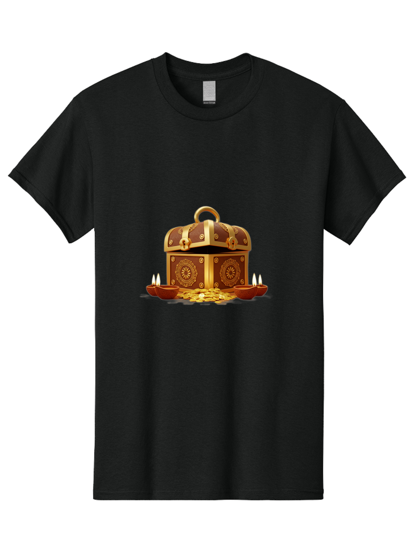 Treasure-Chest Men'S Graphic Tee, 100% Cotton, Comfortable Casual Summer Wear, Machine Washable, Treasure Chest, Gold Coins, Diyas, Lit Candles, Prosperity, Wealth, Traditional Decor, Festive Atmosphere, Indian Culture, Ornate Design Bad859 11
