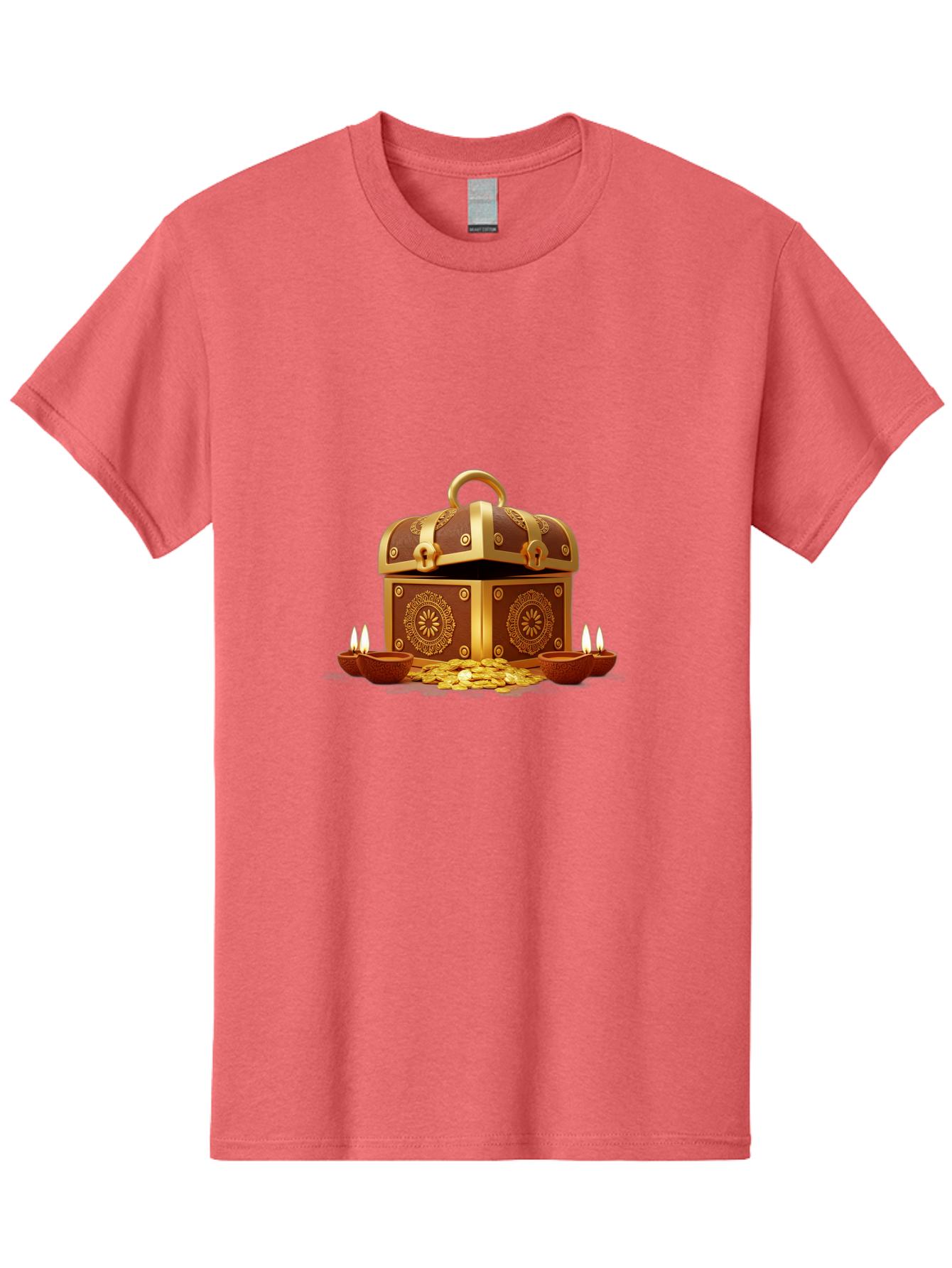 Treasure-Chest Men'S Graphic Tee, 100% Cotton, Comfortable Casual Summer Wear, Machine Washable, Treasure Chest, Gold Coins, Diyas, Lit Candles, Prosperity, Wealth, Traditional Decor, Festive Atmosphere, Indian Culture, Ornate Design Bad859 14