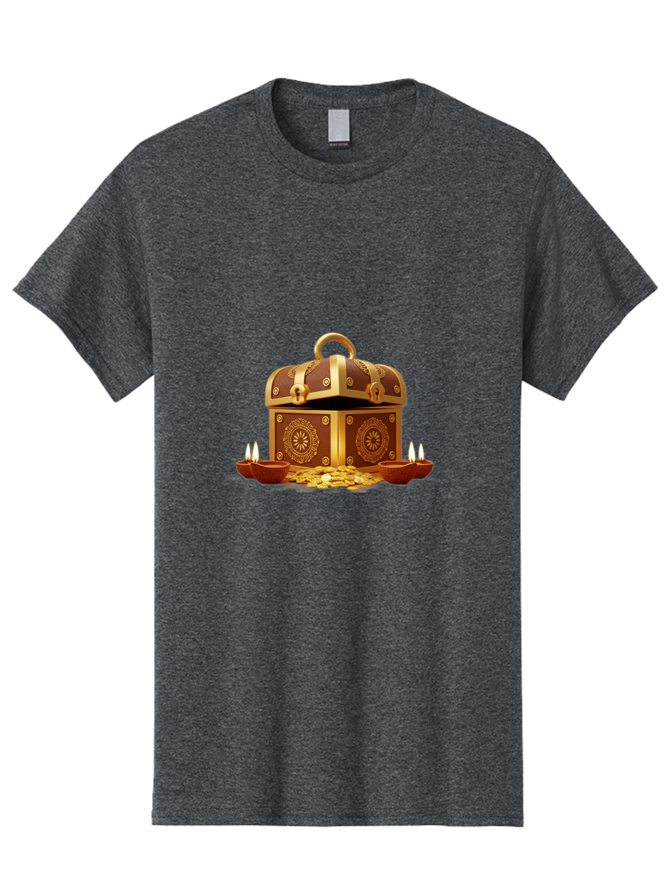 Treasure-Chest Men'S Graphic Tee, 100% Cotton, Comfortable Casual Summer Wear, Machine Washable, Treasure Chest, Gold Coins, Diyas, Lit Candles, Prosperity, Wealth, Traditional Decor, Festive Atmosphere, Indian Culture, Ornate Design Bad859 7