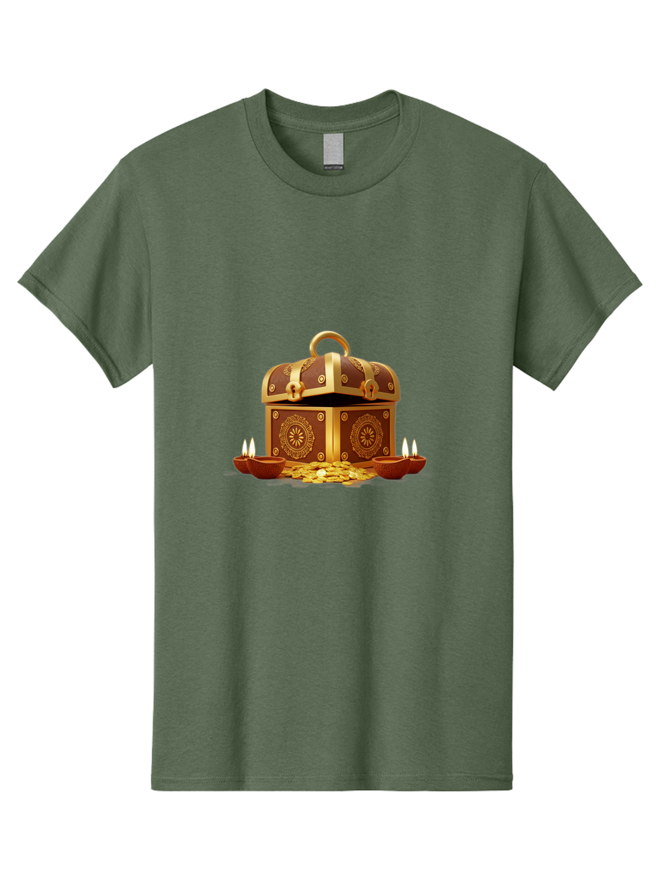 Treasure-Chest Men'S Graphic Tee, 100% Cotton, Comfortable Casual Summer Wear, Machine Washable, Treasure Chest, Gold Coins, Diyas, Lit Candles, Prosperity, Wealth, Traditional Decor, Festive Atmosphere, Indian Culture, Ornate Design Bad859 4