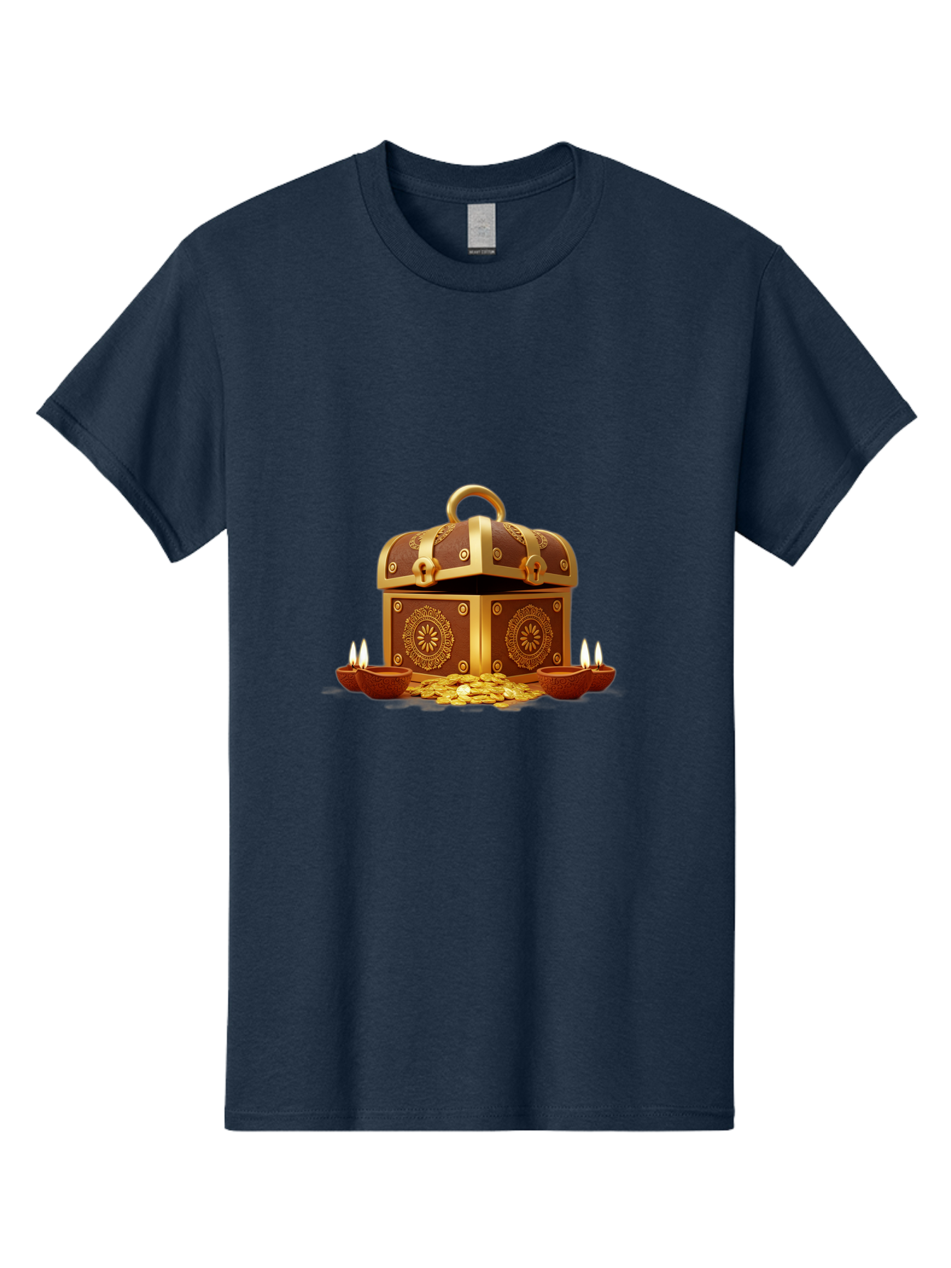 Treasure-Chest Men'S Graphic Tee, 100% Cotton, Comfortable Casual Summer Wear, Machine Washable, Treasure Chest, Gold Coins, Diyas, Lit Candles, Prosperity, Wealth, Traditional Decor, Festive Atmosphere, Indian Culture, Ornate Design Bad859 1