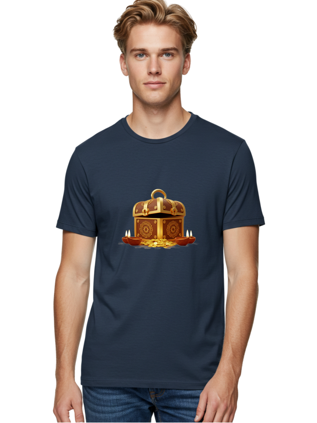 Treasure-Chest Men'S Graphic Tee, 100% Cotton, Comfortable Casual Summer Wear, Machine Washable, Treasure Chest, Gold Coins, Diyas, Lit Candles, Prosperity, Wealth, Traditional Decor, Festive Atmosphere, Indian Culture, Ornate Design Bad859 16