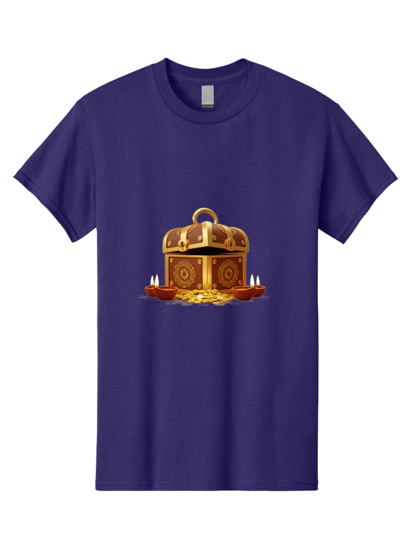 Treasure-Chest Men'S Graphic Tee, 100% Cotton, Comfortable Casual Summer Wear, Machine Washable, Treasure Chest, Gold Coins, Diyas, Lit Candles, Prosperity, Wealth, Traditional Decor, Festive Atmosphere, Indian Culture, Ornate Design Bad859 9