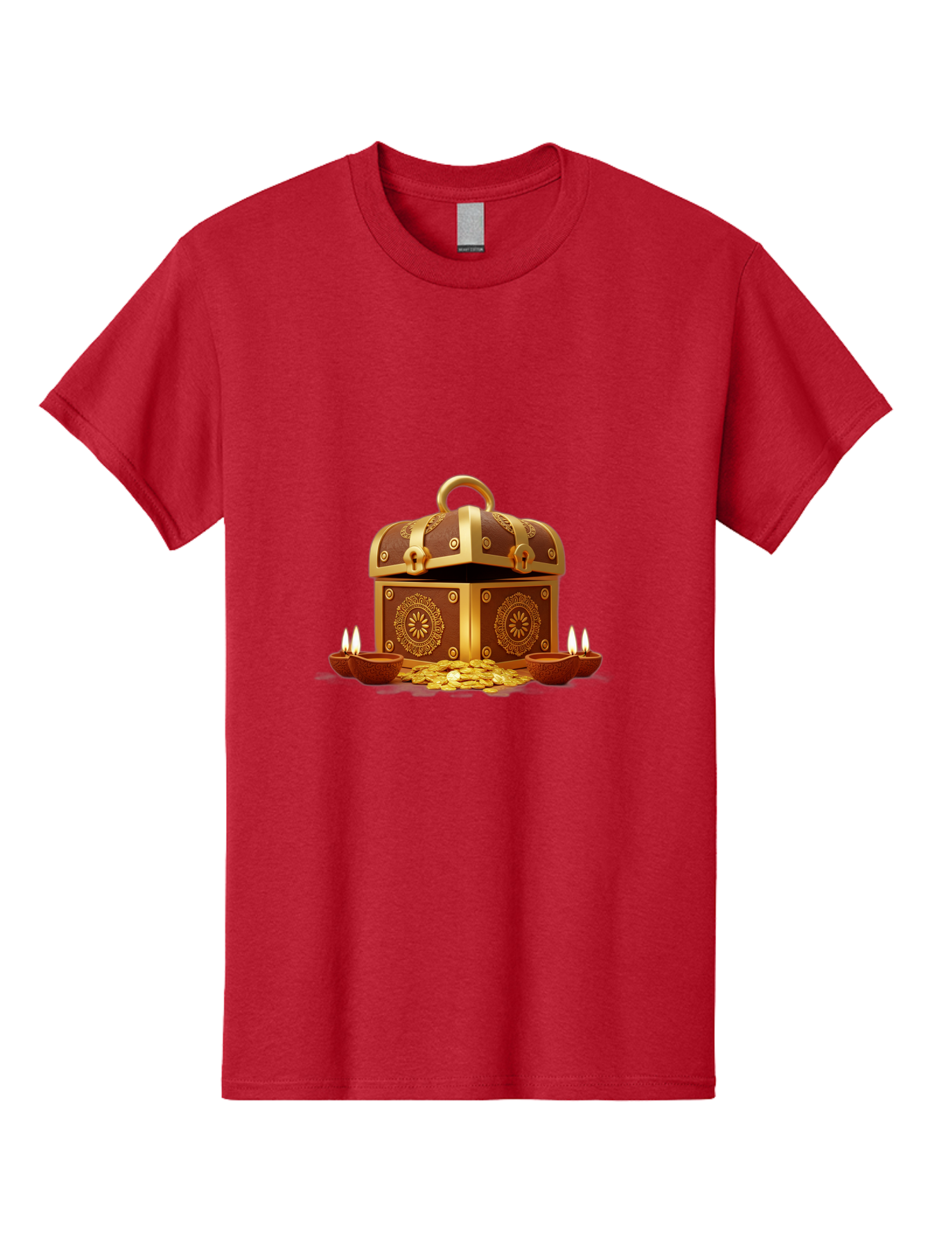 Treasure-Chest Men'S Graphic Tee, 100% Cotton, Comfortable Casual Summer Wear, Machine Washable, Treasure Chest, Gold Coins, Diyas, Lit Candles, Prosperity, Wealth, Traditional Decor, Festive Atmosphere, Indian Culture, Ornate Design Bad859 15