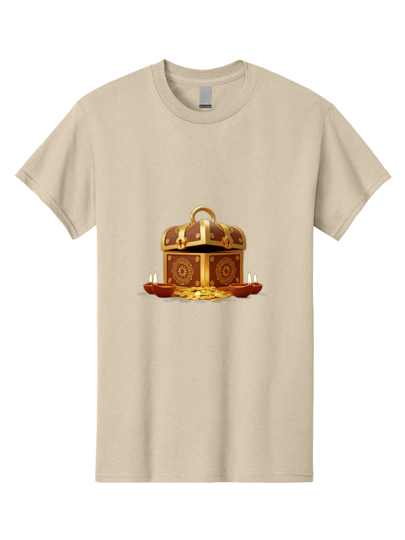 Treasure-Chest Men'S Graphic Tee, 100% Cotton, Comfortable Casual Summer Wear, Machine Washable, Treasure Chest, Gold Coins, Diyas, Lit Candles, Prosperity, Wealth, Traditional Decor, Festive Atmosphere, Indian Culture, Ornate Design Bad859 5