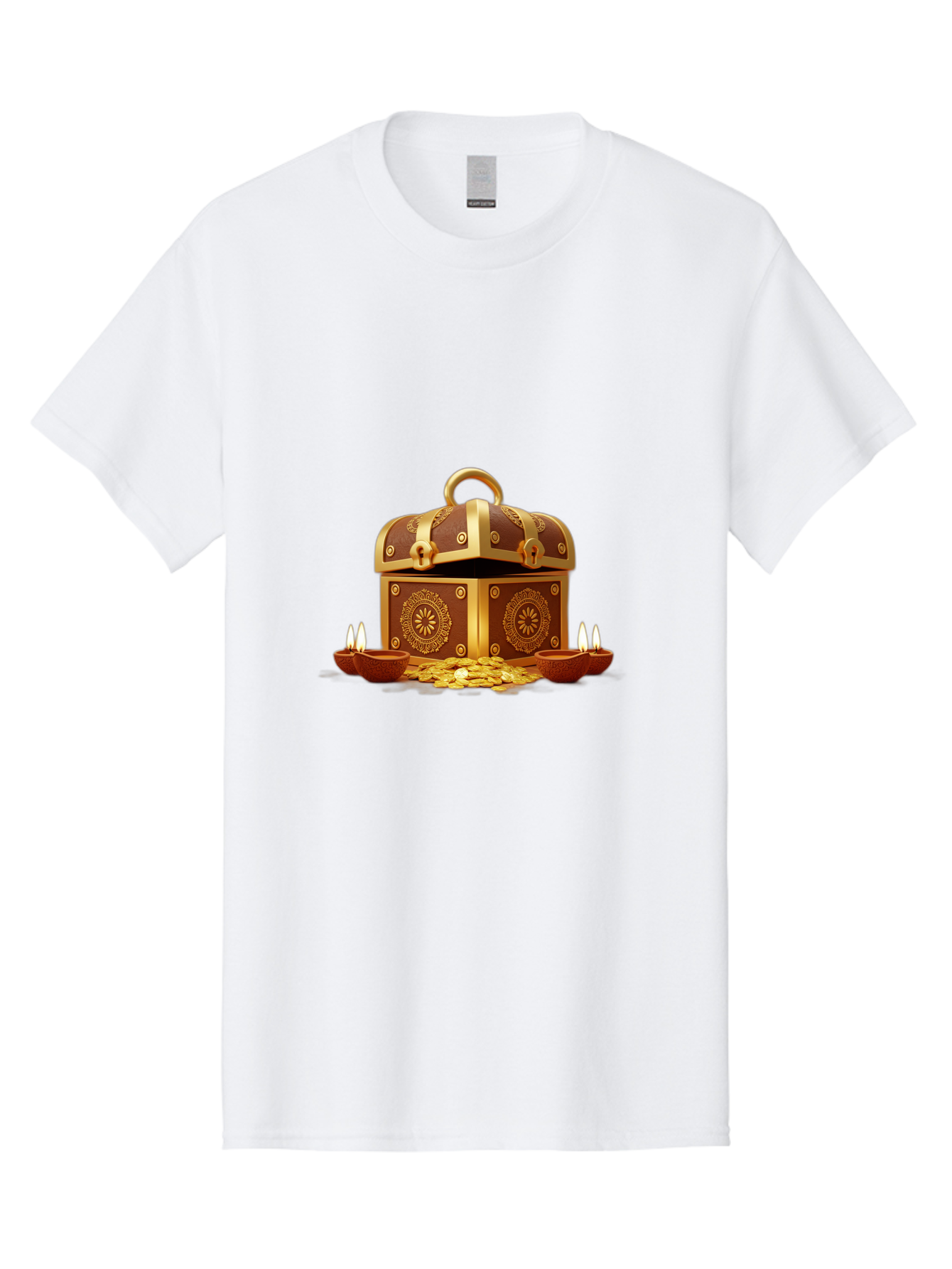 Treasure-Chest Men'S Graphic Tee, 100% Cotton, Comfortable Casual Summer Wear, Machine Washable, Treasure Chest, Gold Coins, Diyas, Lit Candles, Prosperity, Wealth, Traditional Decor, Festive Atmosphere, Indian Culture, Ornate Design Bad859 12