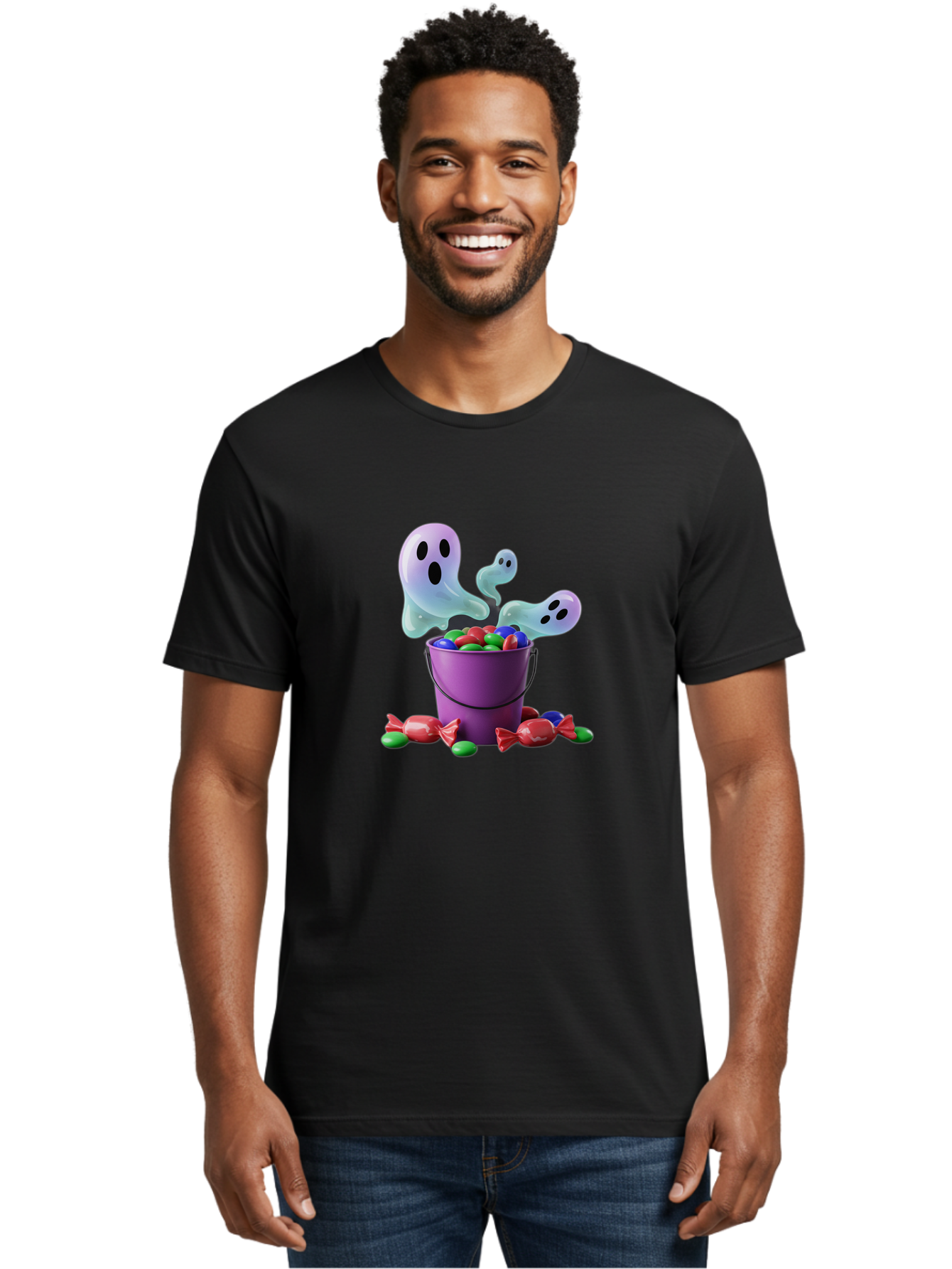 Trick-Or-Treat Men'S Graphic Tee, 100% Cotton, Comfortable Casual Summer Wear, Machine Washable, Halloween Candy, Purple Bucket, Ghostly Figures, Colorful Sweets, Candy Treats, Trick Or Treat, Spooky Season, Festive Treats, Holiday Fun Bad860 28