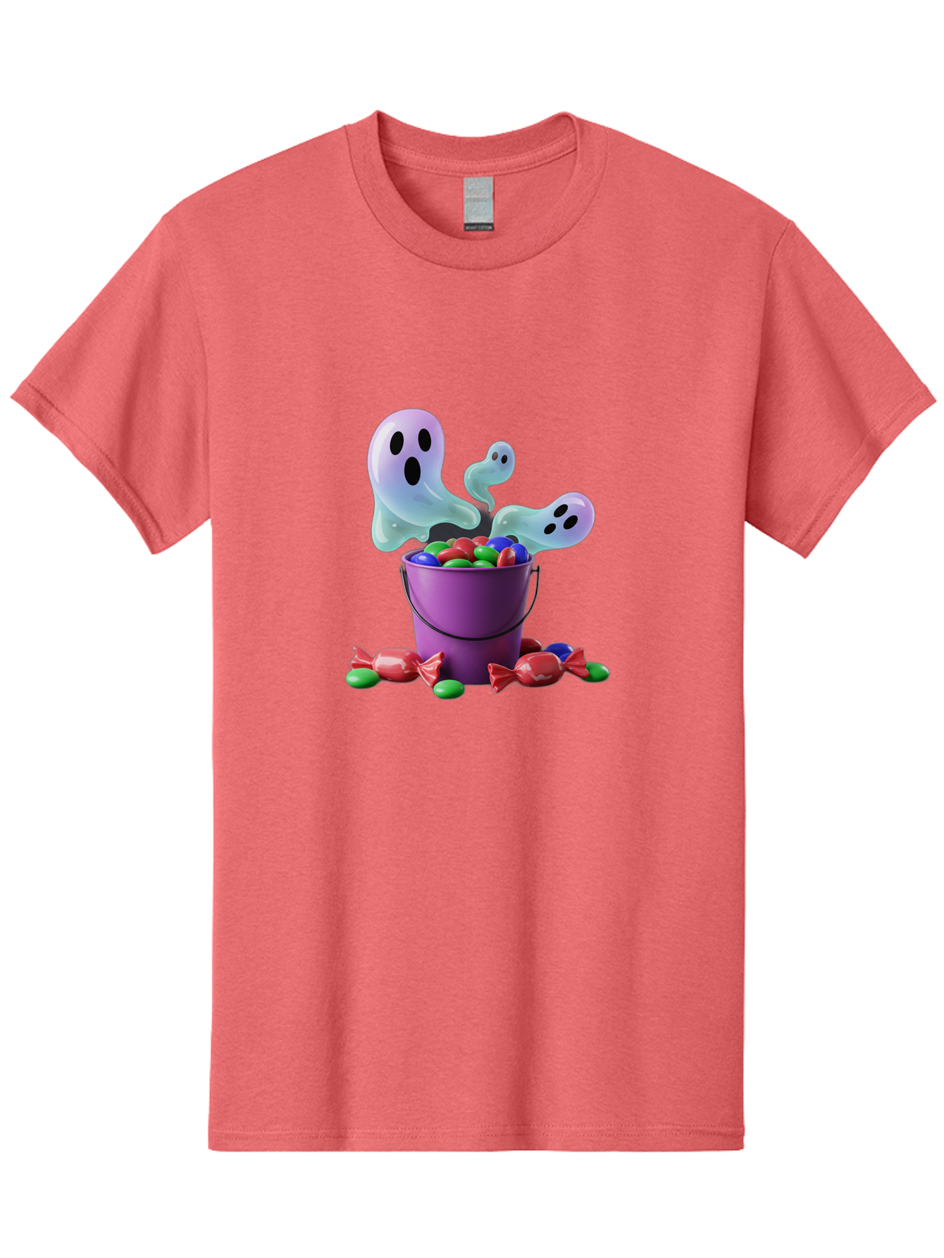 Trick-Or-Treat Men'S Graphic Tee, 100% Cotton, Comfortable Casual Summer Wear, Machine Washable, Halloween Candy, Purple Bucket, Ghostly Figures, Colorful Sweets, Candy Treats, Trick Or Treat, Spooky Season, Festive Treats, Holiday Fun Bad860 11