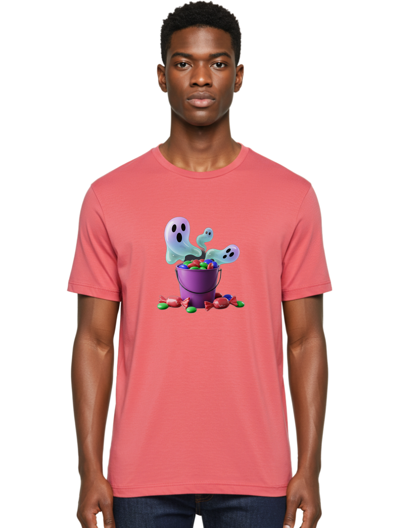 Trick-Or-Treat Men'S Graphic Tee, 100% Cotton, Comfortable Casual Summer Wear, Machine Washable, Halloween Candy, Purple Bucket, Ghostly Figures, Colorful Sweets, Candy Treats, Trick Or Treat, Spooky Season, Festive Treats, Holiday Fun Bad860 26