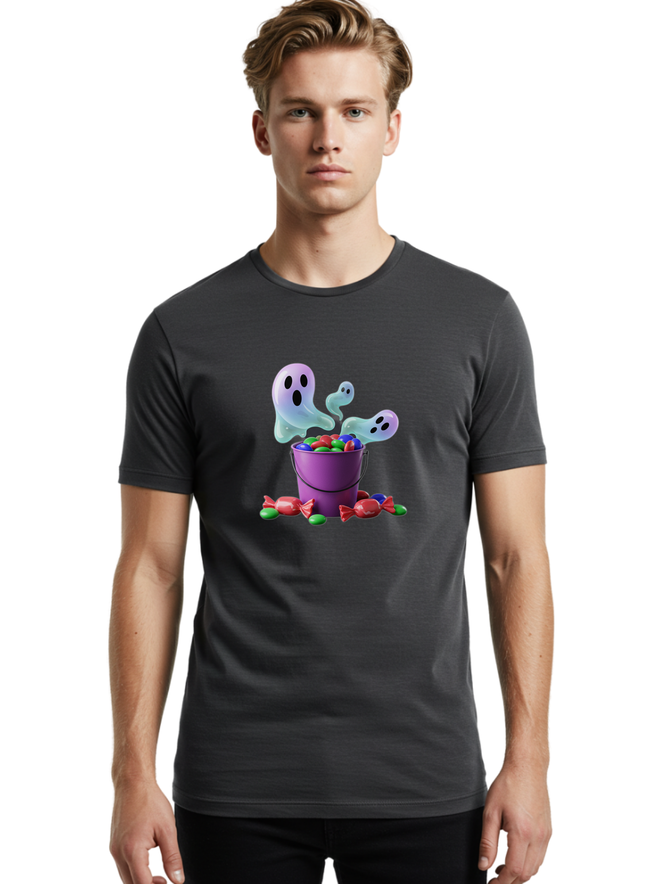 Trick-Or-Treat Men'S Graphic Tee, 100% Cotton, Comfortable Casual Summer Wear, Machine Washable, Halloween Candy, Purple Bucket, Ghostly Figures, Colorful Sweets, Candy Treats, Trick Or Treat, Spooky Season, Festive Treats, Holiday Fun Bad860 29
