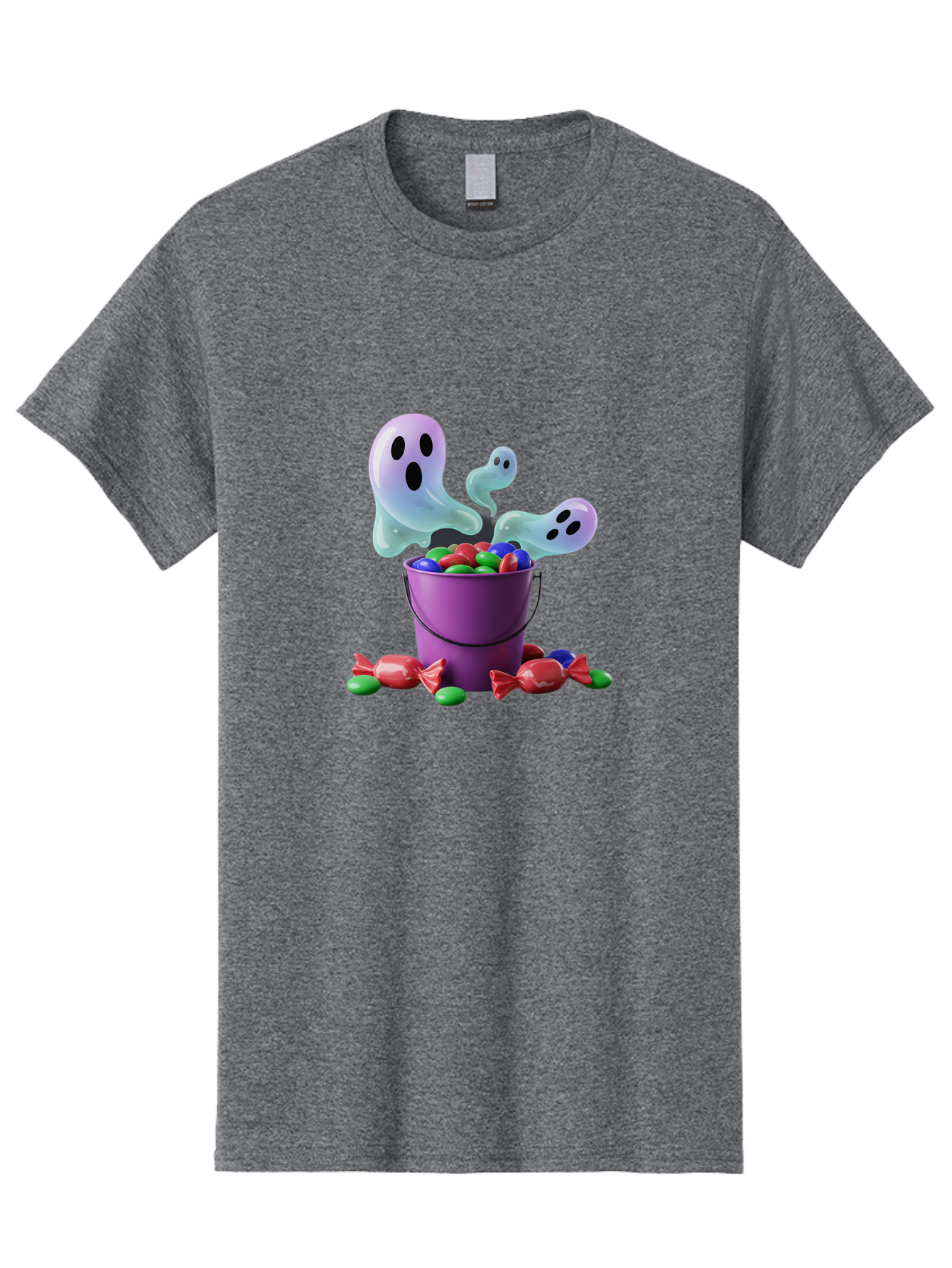 Trick-Or-Treat Men'S Graphic Tee, 100% Cotton, Comfortable Casual Summer Wear, Machine Washable, Halloween Candy, Purple Bucket, Ghostly Figures, Colorful Sweets, Candy Treats, Trick Or Treat, Spooky Season, Festive Treats, Holiday Fun Bad860 7