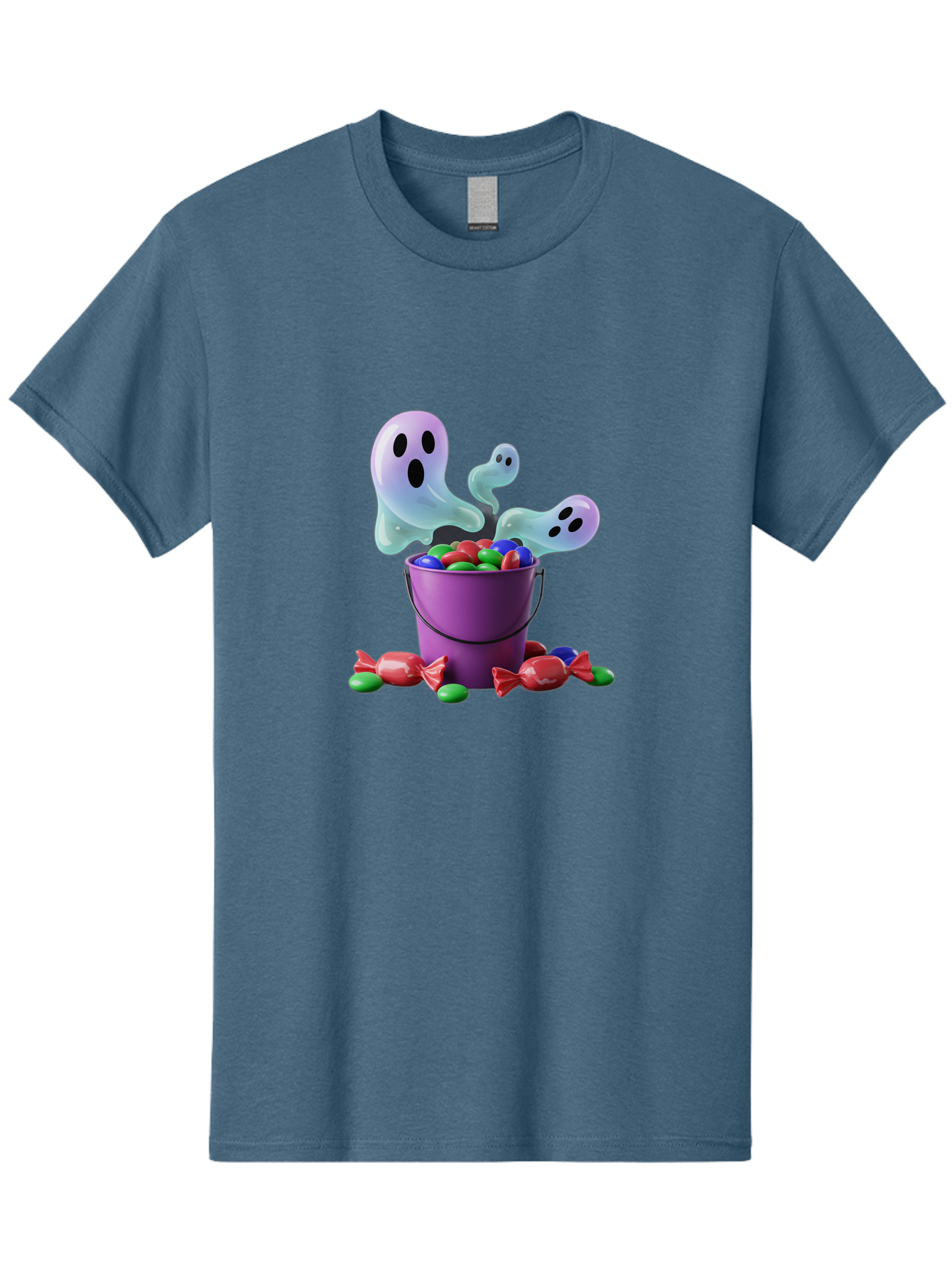 Trick-Or-Treat Men'S Graphic Tee, 100% Cotton, Comfortable Casual Summer Wear, Machine Washable, Halloween Candy, Purple Bucket, Ghostly Figures, Colorful Sweets, Candy Treats, Trick Or Treat, Spooky Season, Festive Treats, Holiday Fun Bad860 8