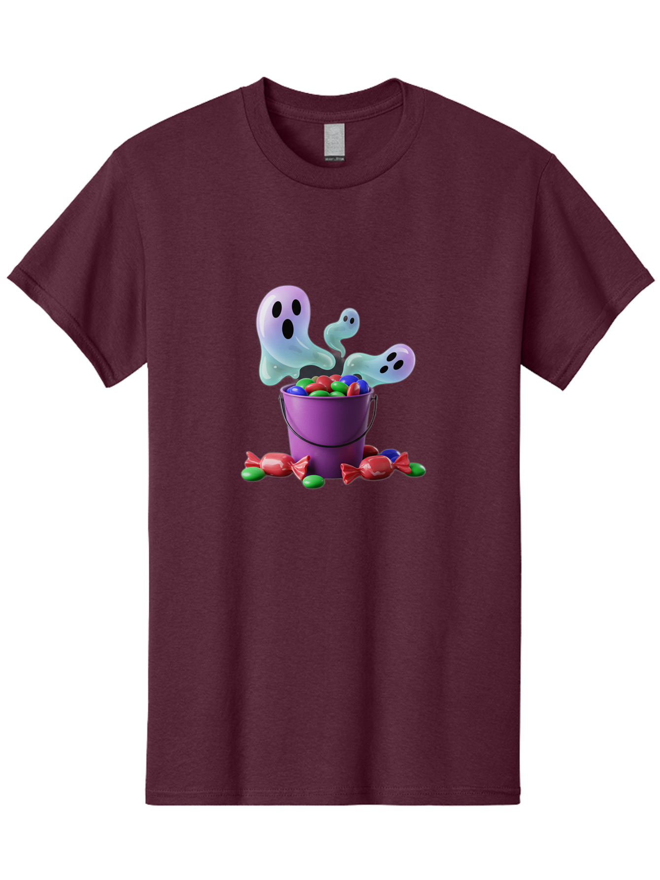 Trick-Or-Treat Men'S Graphic Tee, 100% Cotton, Comfortable Casual Summer Wear, Machine Washable, Halloween Candy, Purple Bucket, Ghostly Figures, Colorful Sweets, Candy Treats, Trick Or Treat, Spooky Season, Festive Treats, Holiday Fun Bad860 6