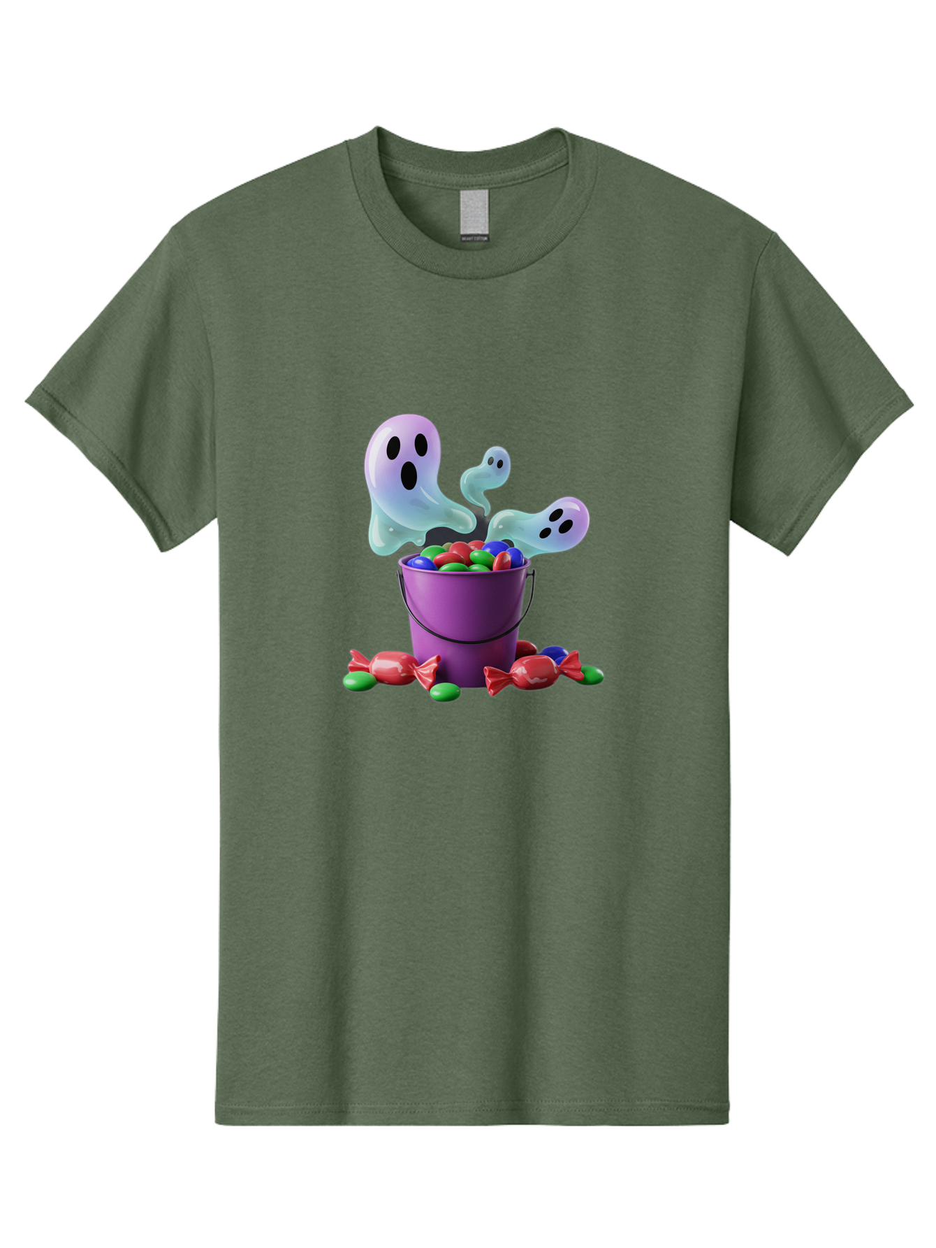 Trick-Or-Treat Men'S Graphic Tee, 100% Cotton, Comfortable Casual Summer Wear, Machine Washable, Halloween Candy, Purple Bucket, Ghostly Figures, Colorful Sweets, Candy Treats, Trick Or Treat, Spooky Season, Festive Treats, Holiday Fun Bad860 3