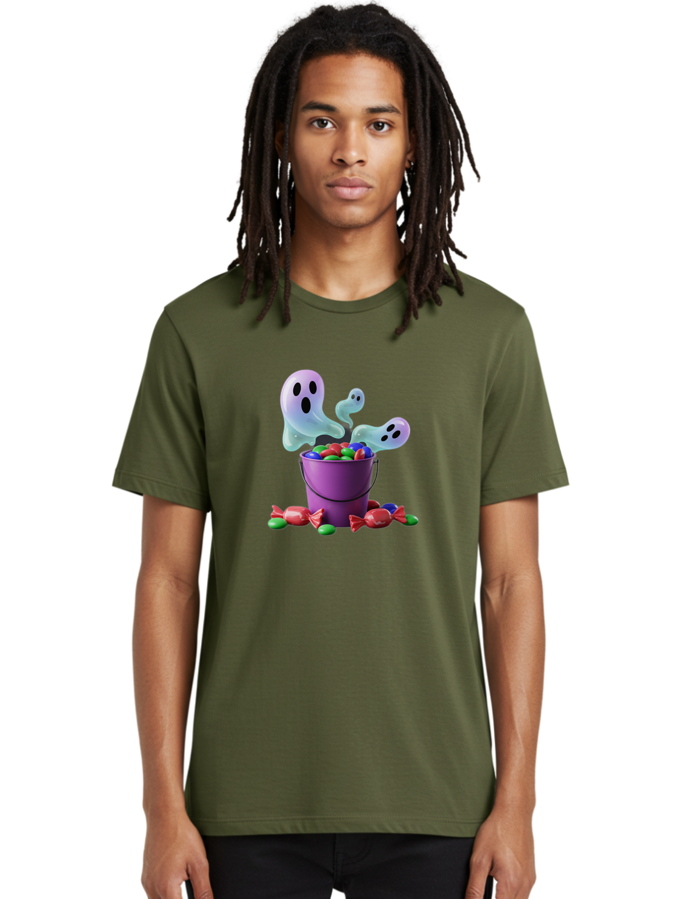 Trick-Or-Treat Men'S Graphic Tee, 100% Cotton, Comfortable Casual Summer Wear, Machine Washable, Halloween Candy, Purple Bucket, Ghostly Figures, Colorful Sweets, Candy Treats, Trick Or Treat, Spooky Season, Festive Treats, Holiday Fun Bad860 18