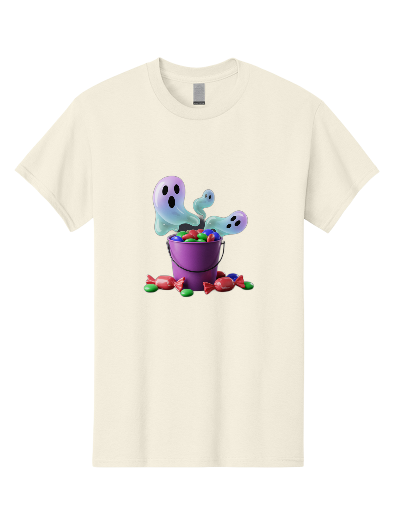 Trick-Or-Treat Men'S Graphic Tee, 100% Cotton, Comfortable Casual Summer Wear, Machine Washable, Halloween Candy, Purple Bucket, Ghostly Figures, Colorful Sweets, Candy Treats, Trick Or Treat, Spooky Season, Festive Treats, Holiday Fun Bad860 15