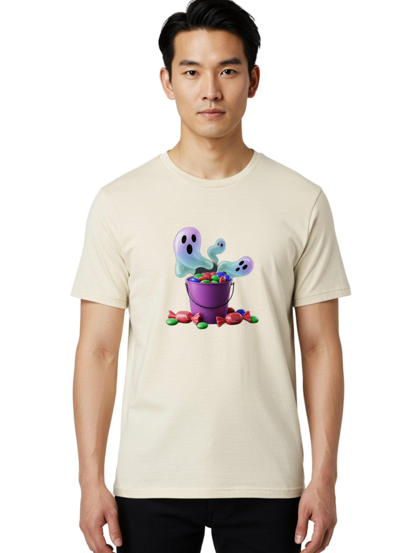 Trick-Or-Treat Men'S Graphic Tee, 100% Cotton, Comfortable Casual Summer Wear, Machine Washable, Halloween Candy, Purple Bucket, Ghostly Figures, Colorful Sweets, Candy Treats, Trick Or Treat, Spooky Season, Festive Treats, Holiday Fun Bad860 30