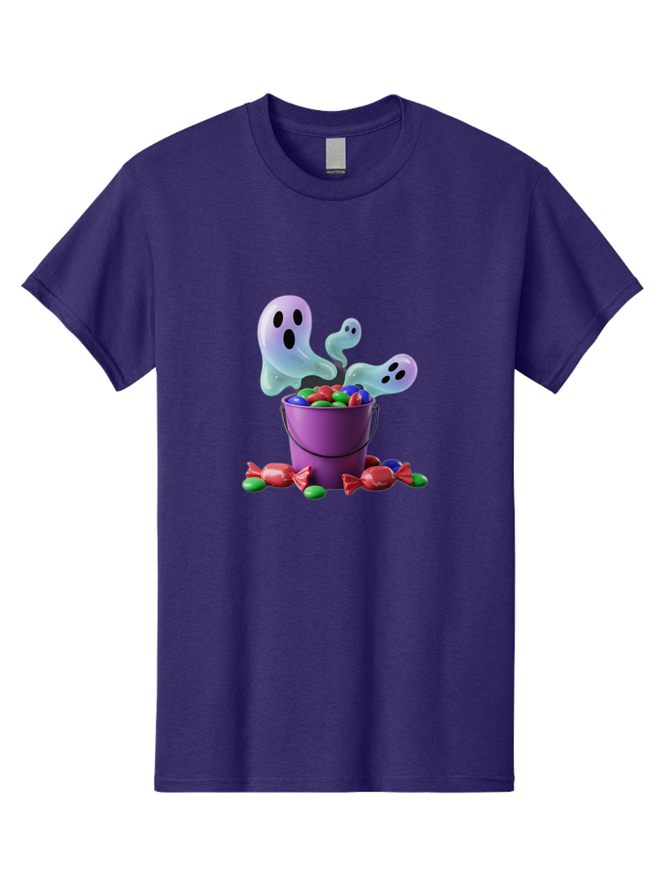 Trick-Or-Treat Men'S Graphic Tee, 100% Cotton, Comfortable Casual Summer Wear, Machine Washable, Halloween Candy, Purple Bucket, Ghostly Figures, Colorful Sweets, Candy Treats, Trick Or Treat, Spooky Season, Festive Treats, Holiday Fun Bad860 12