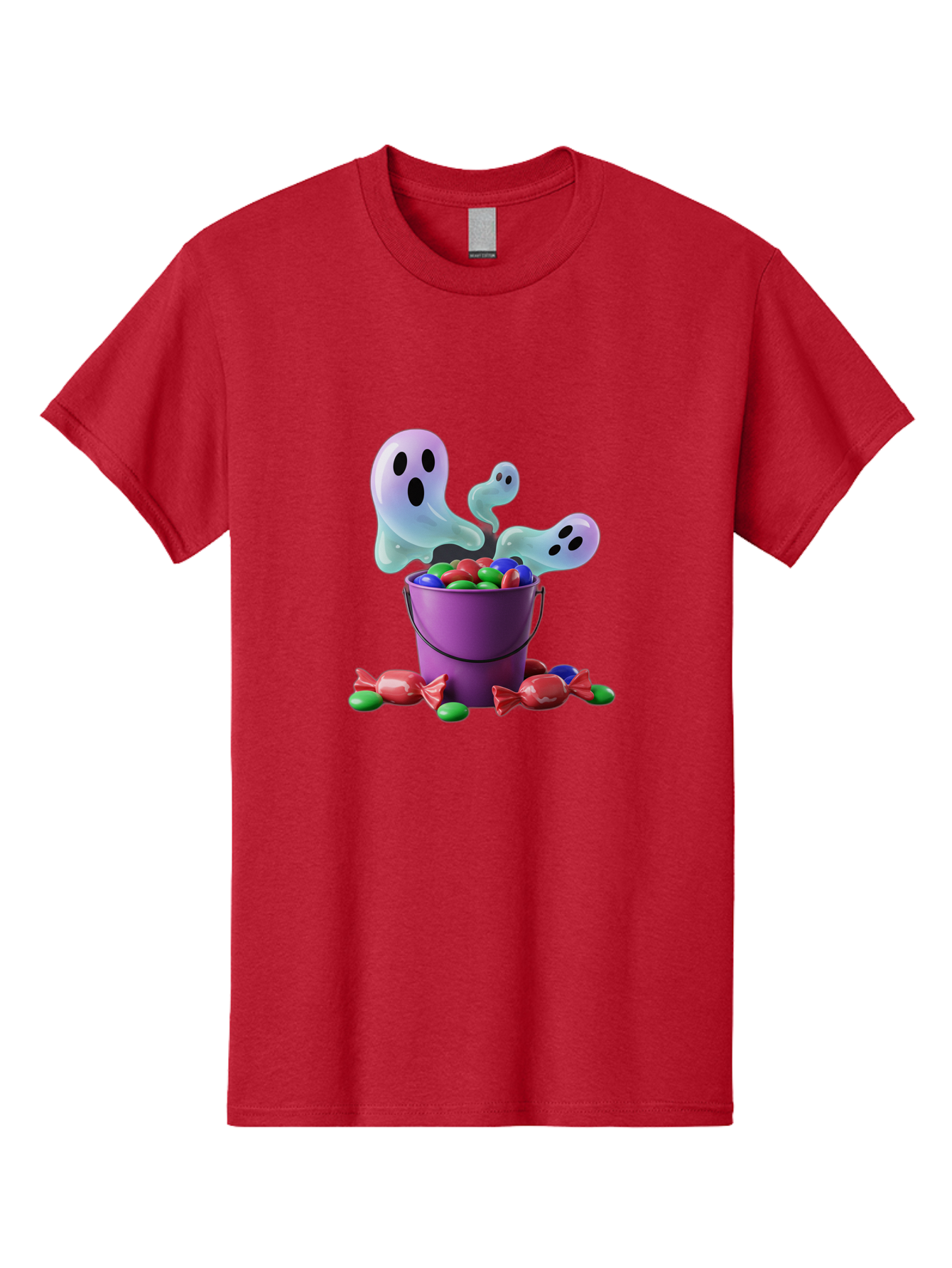 Trick-Or-Treat Men'S Graphic Tee, 100% Cotton, Comfortable Casual Summer Wear, Machine Washable, Halloween Candy, Purple Bucket, Ghostly Figures, Colorful Sweets, Candy Treats, Trick Or Treat, Spooky Season, Festive Treats, Holiday Fun Bad860 10
