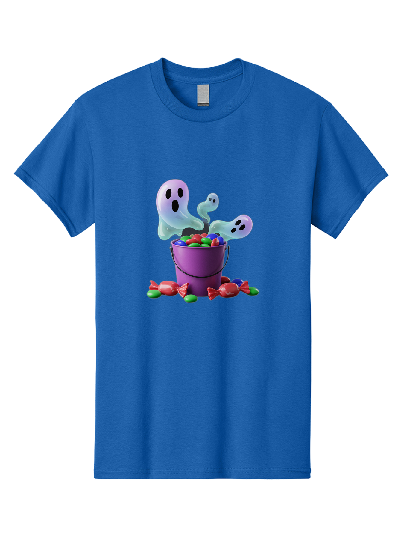 Trick-Or-Treat Men'S Graphic Tee, 100% Cotton, Comfortable Casual Summer Wear, Machine Washable, Halloween Candy, Purple Bucket, Ghostly Figures, Colorful Sweets, Candy Treats, Trick Or Treat, Spooky Season, Festive Treats, Holiday Fun Bad860 5