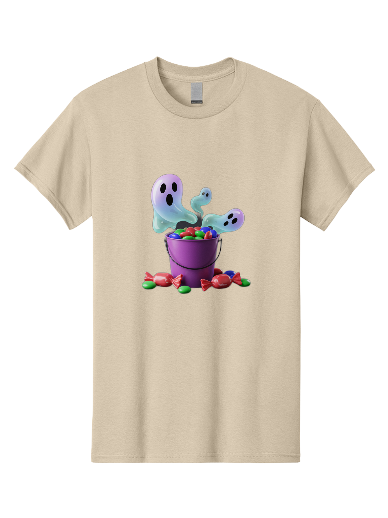 Trick-Or-Treat Men'S Graphic Tee, 100% Cotton, Comfortable Casual Summer Wear, Machine Washable, Halloween Candy, Purple Bucket, Ghostly Figures, Colorful Sweets, Candy Treats, Trick Or Treat, Spooky Season, Festive Treats, Holiday Fun Bad860 9