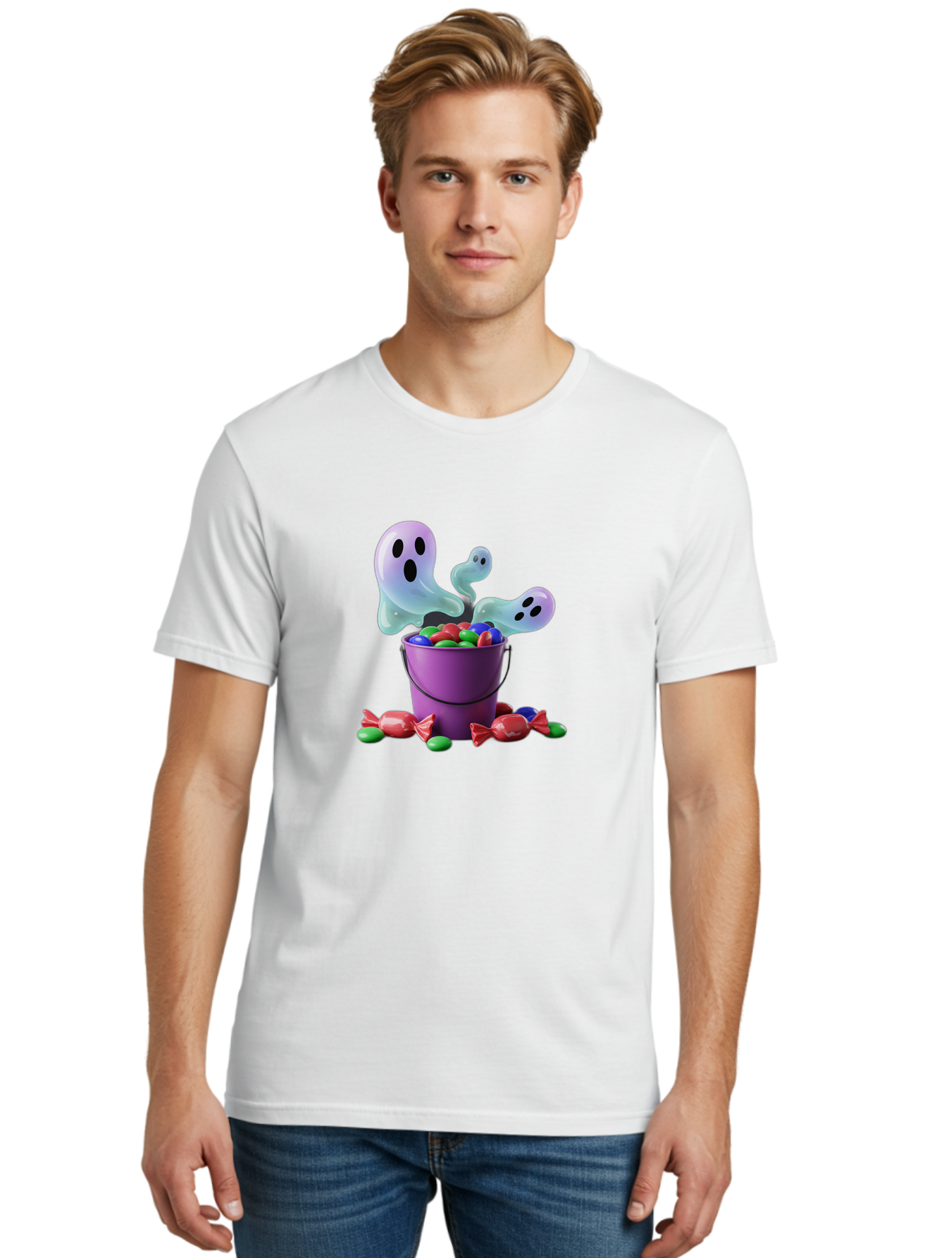 Trick-Or-Treat Men'S Graphic Tee, 100% Cotton, Comfortable Casual Summer Wear, Machine Washable, Halloween Candy, Purple Bucket, Ghostly Figures, Colorful Sweets, Candy Treats, Trick Or Treat, Spooky Season, Festive Treats, Holiday Fun Bad860 19