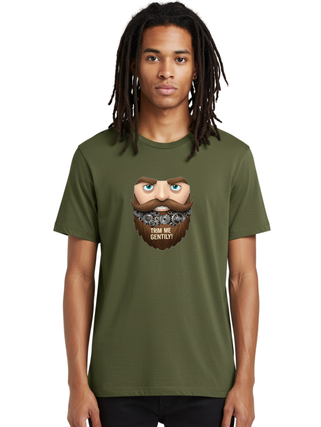 Trim-Me-Gentily Men'S Graphic Tee, 100% Cotton, Comfortable Casual Summer Wear, Machine Washable, Steampunk-Inspired Beard, Mechanical Gears, Vintage Grooming, Quirky Humor, Unique Facial Hair, Whimsical Design, Trim Me Gently, Bad861 28